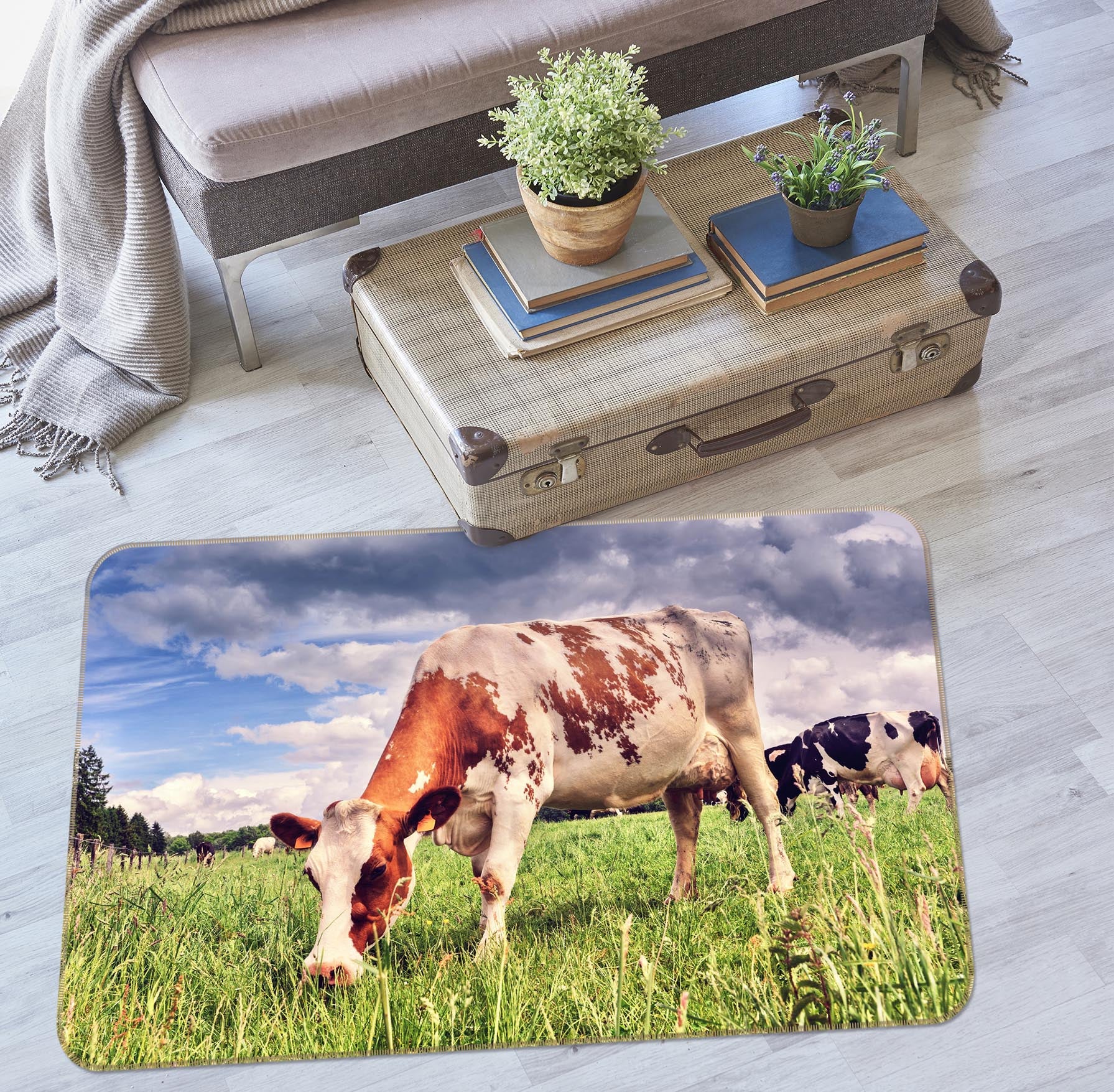 3D Cow Eating Grass 38122 Animal Non Slip Rug Mat