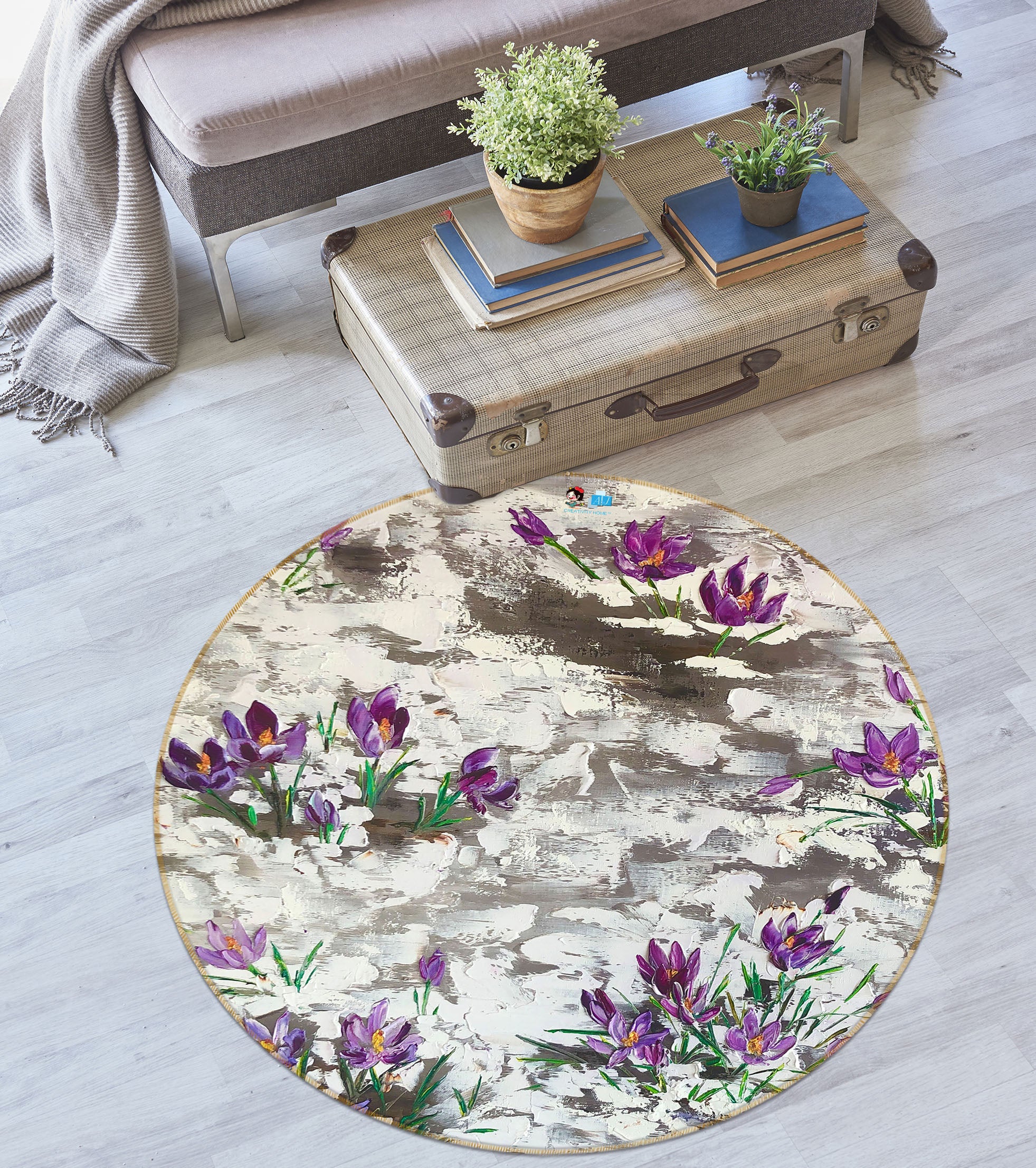 3D Purple Painted Flowers 823 Skromova Marina Rug Round Non Slip Rug Mat