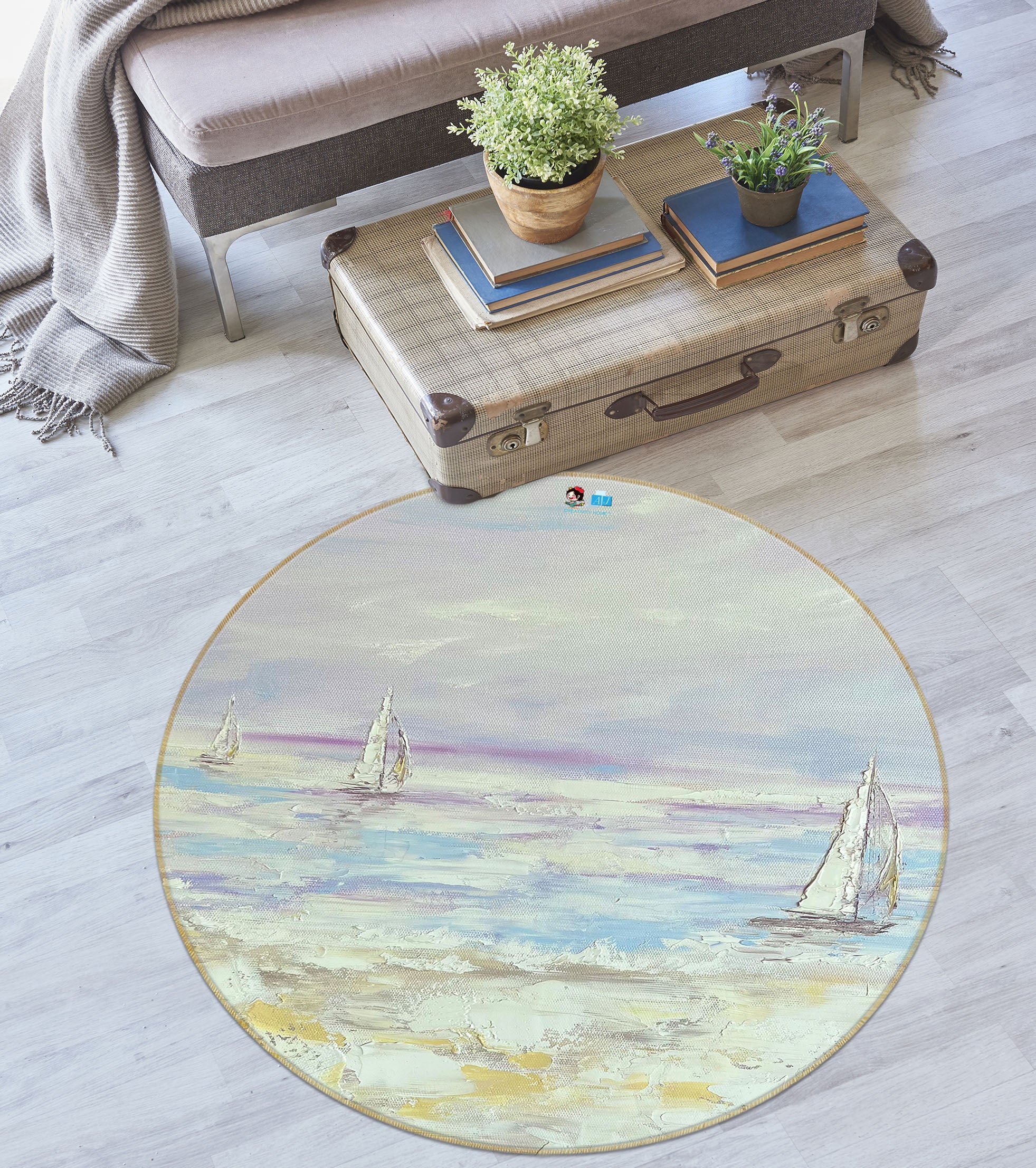 3D Sailing Boat 3874 Skromova Marina Rug Round Non Slip Rug Mat