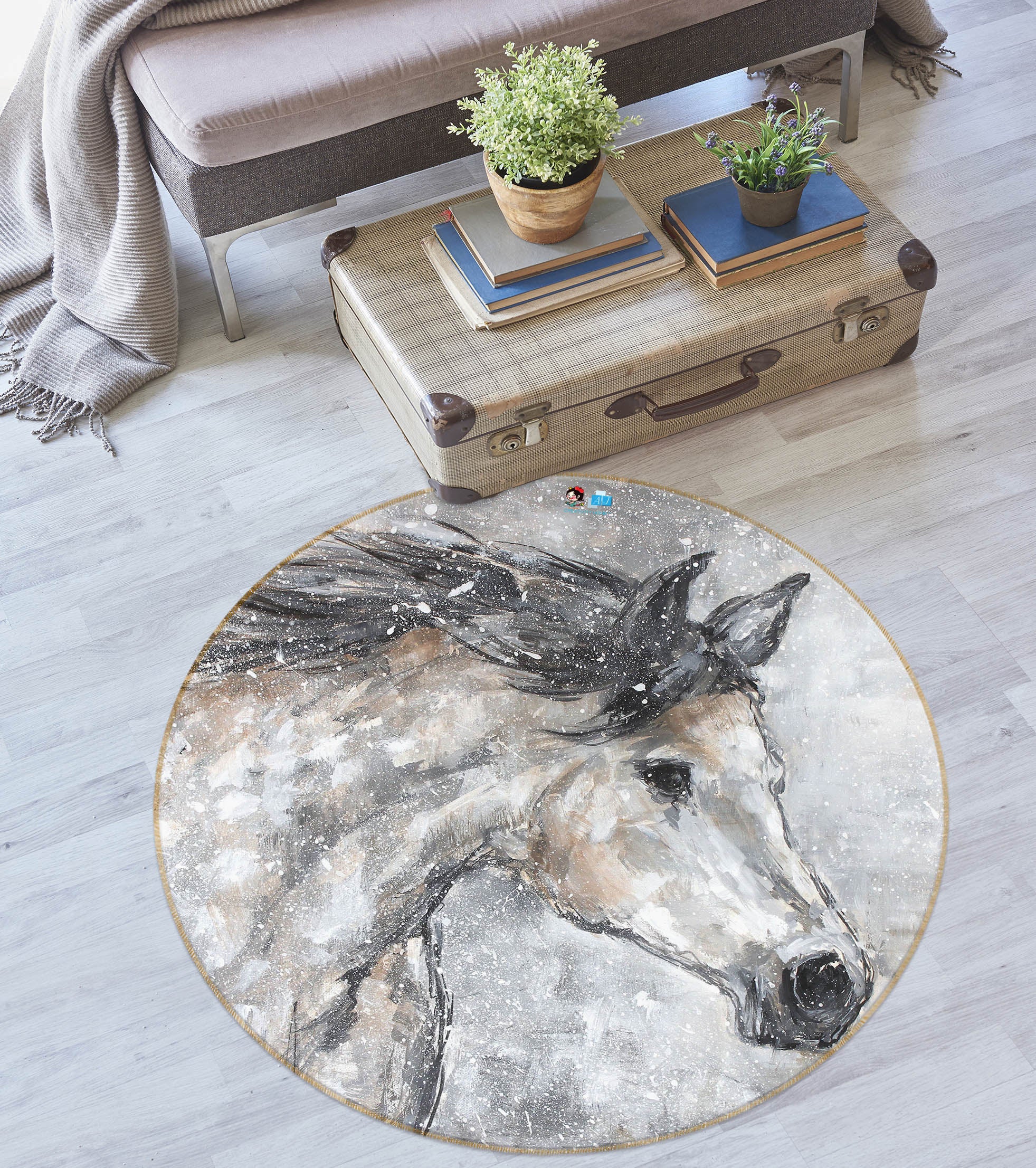 3D White Horse 1128 Debi Coules Rug Round Non Slip Rug Mat