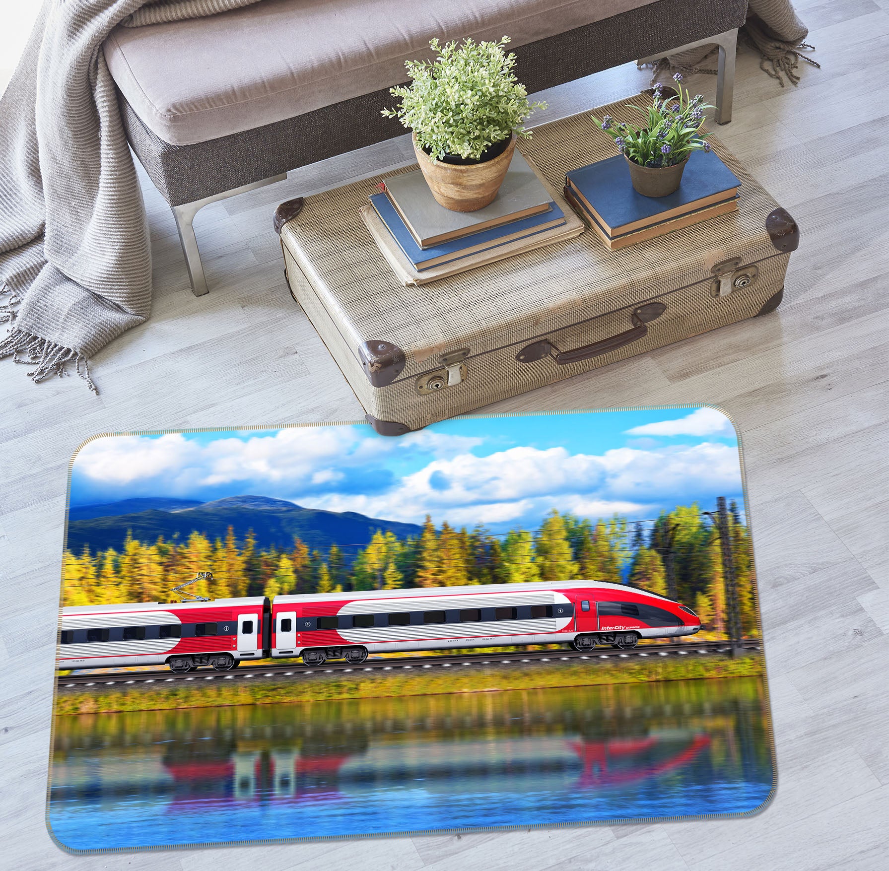 3D Mountain Tree Lake Train Reflection 68105 Vehicle Non Slip Rug Mat