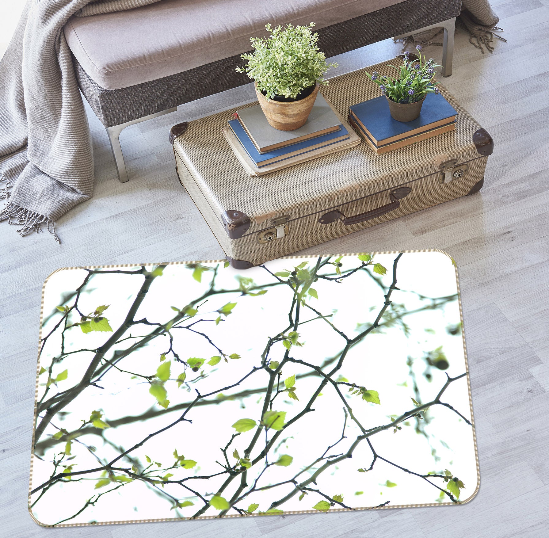 3D Twig Young Leaves 83185 Assaf Frank Rug Non Slip Rug Mat