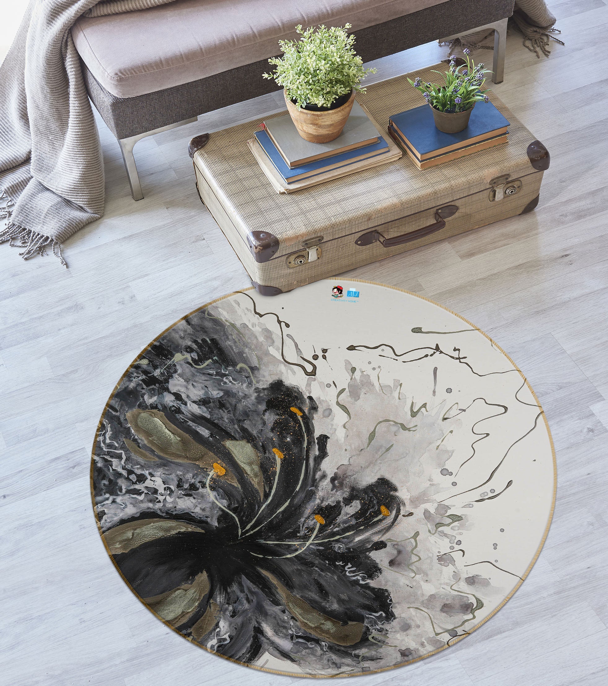 3D Black Ink Flower 841 Skromova Marina Rug Round Non Slip Rug Mat