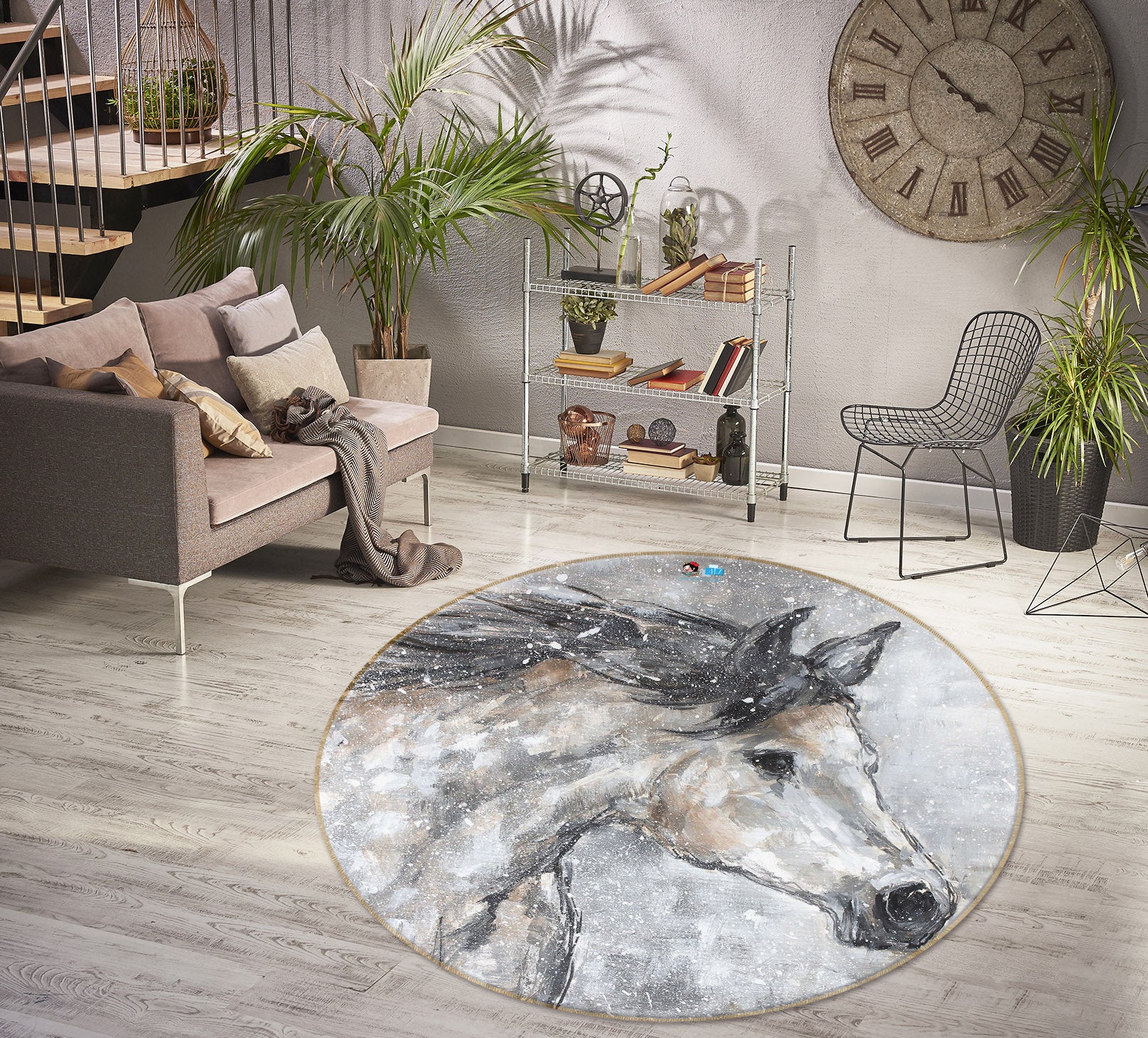 3D White Horse 1128 Debi Coules Rug Round Non Slip Rug Mat