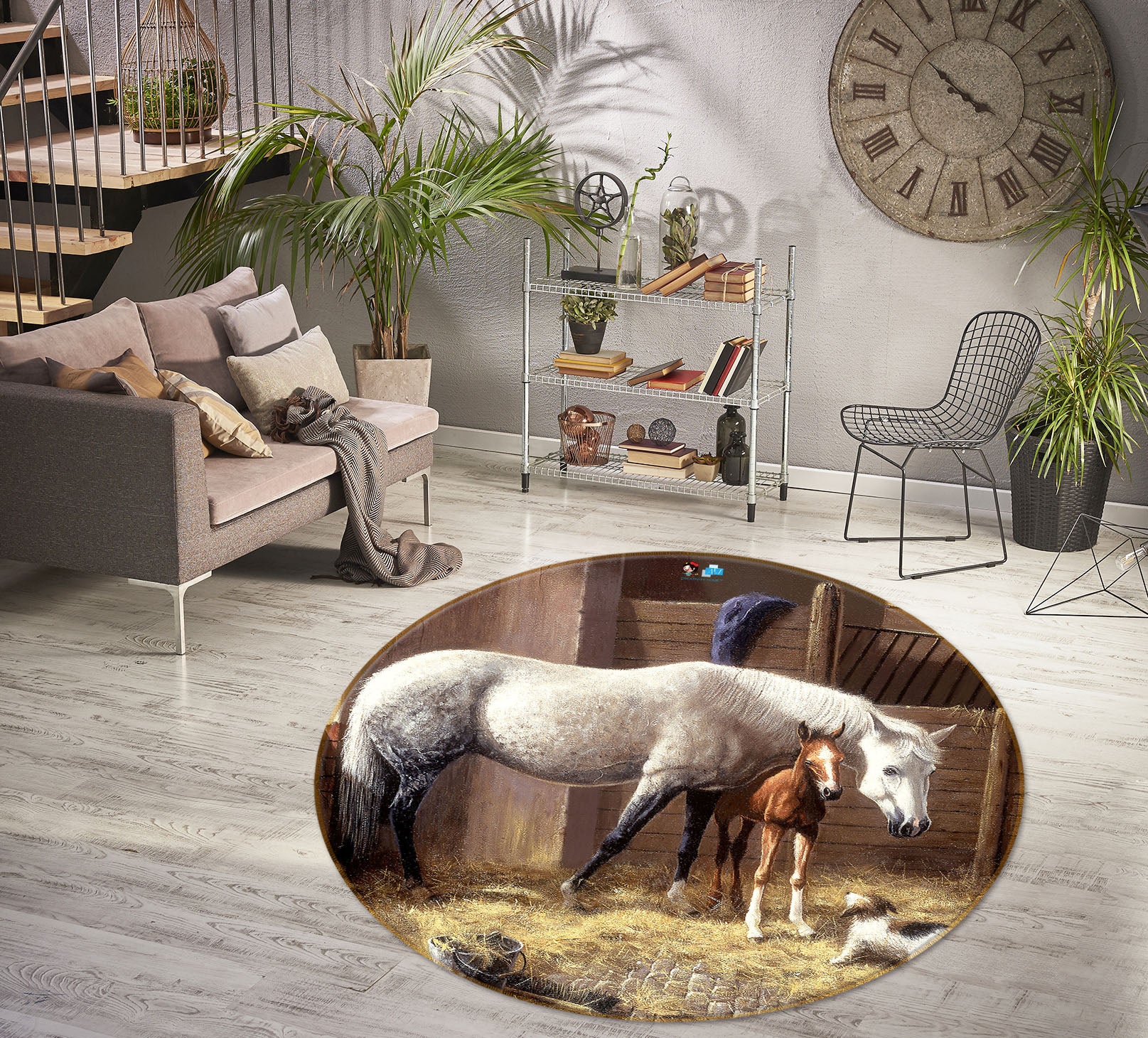 3D White Horse Meadow 034 Kevin Walsh Rug Round Non Slip Rug Mat