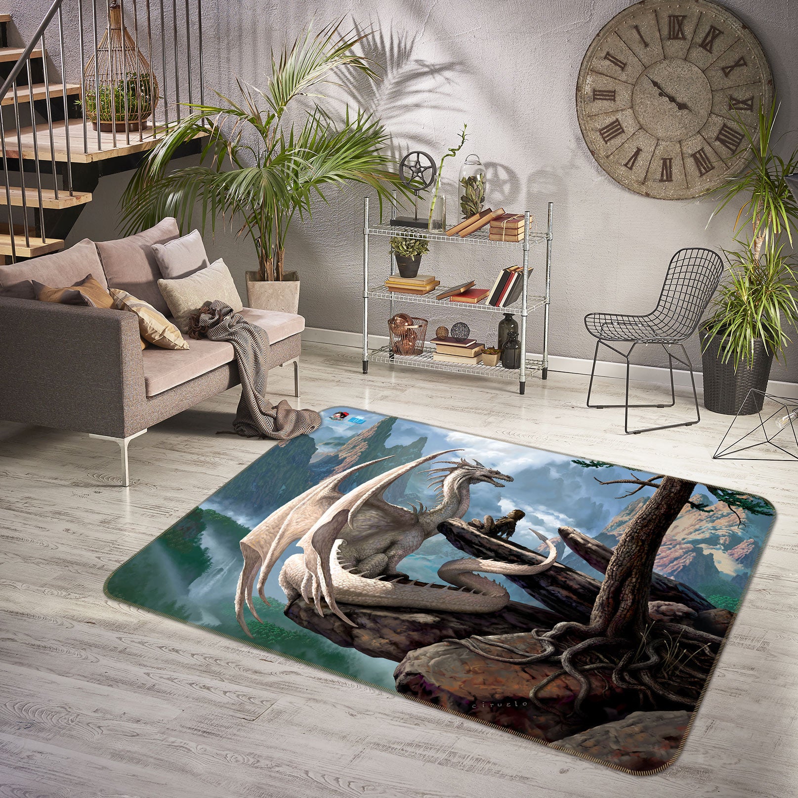 3D White Dragon 5153 Ciruelo Rug Non Slip Rug Mat