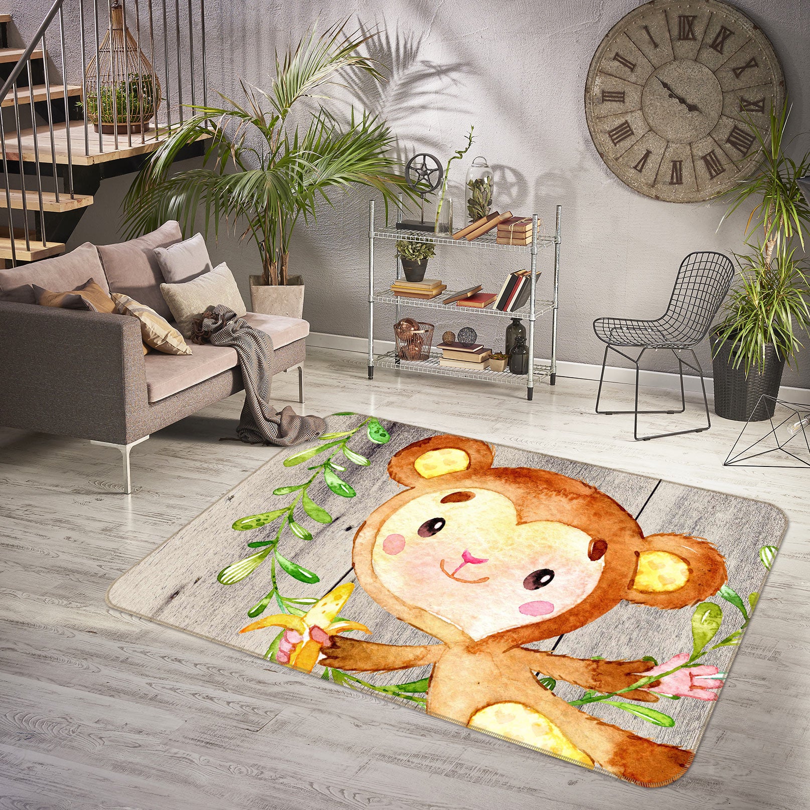 3D Monkey Banana 047 Uta Naumann Rug Non Slip Rug Mat