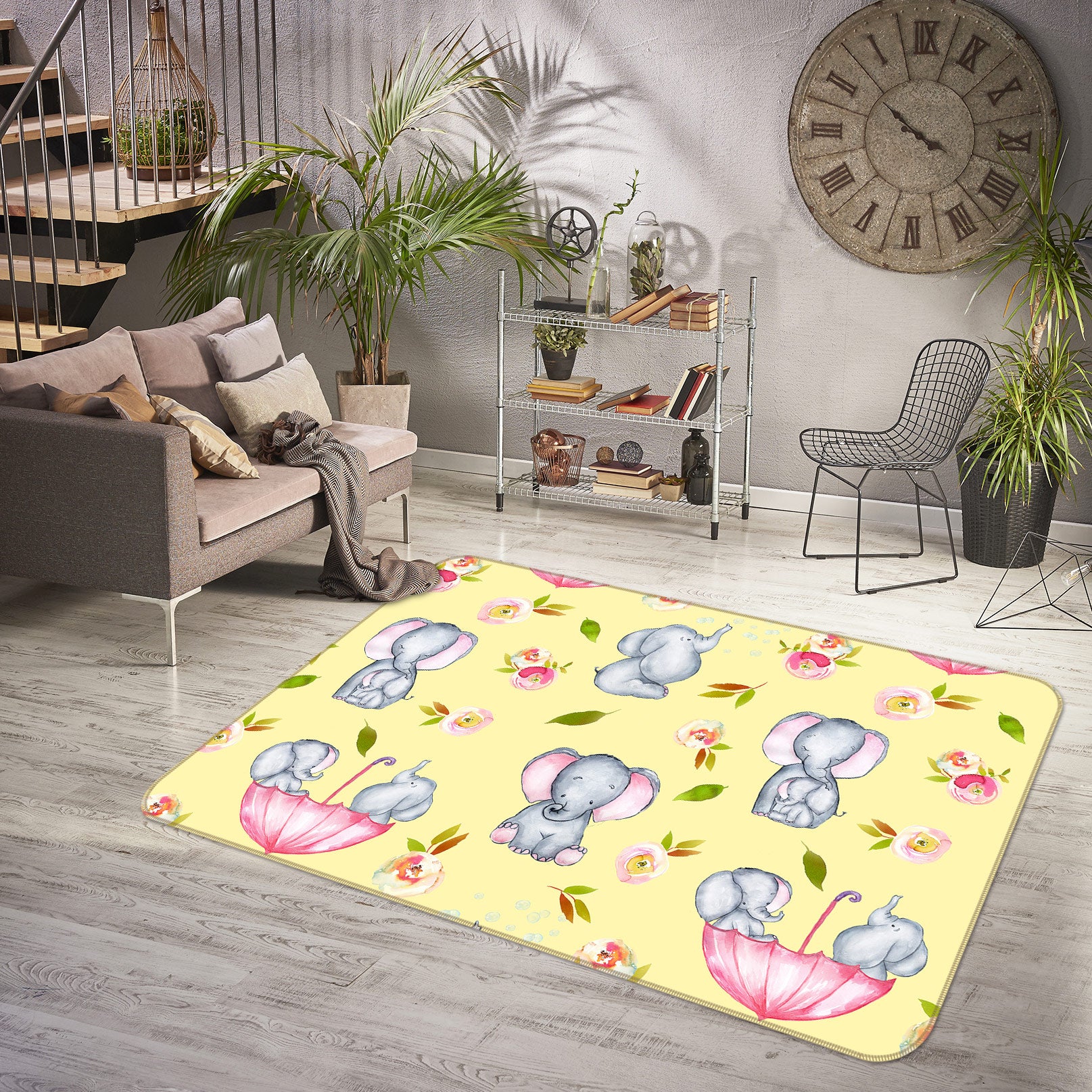 3D Elephant Pink Umbrella 030 Uta Naumann Rug Non Slip Rug Mat