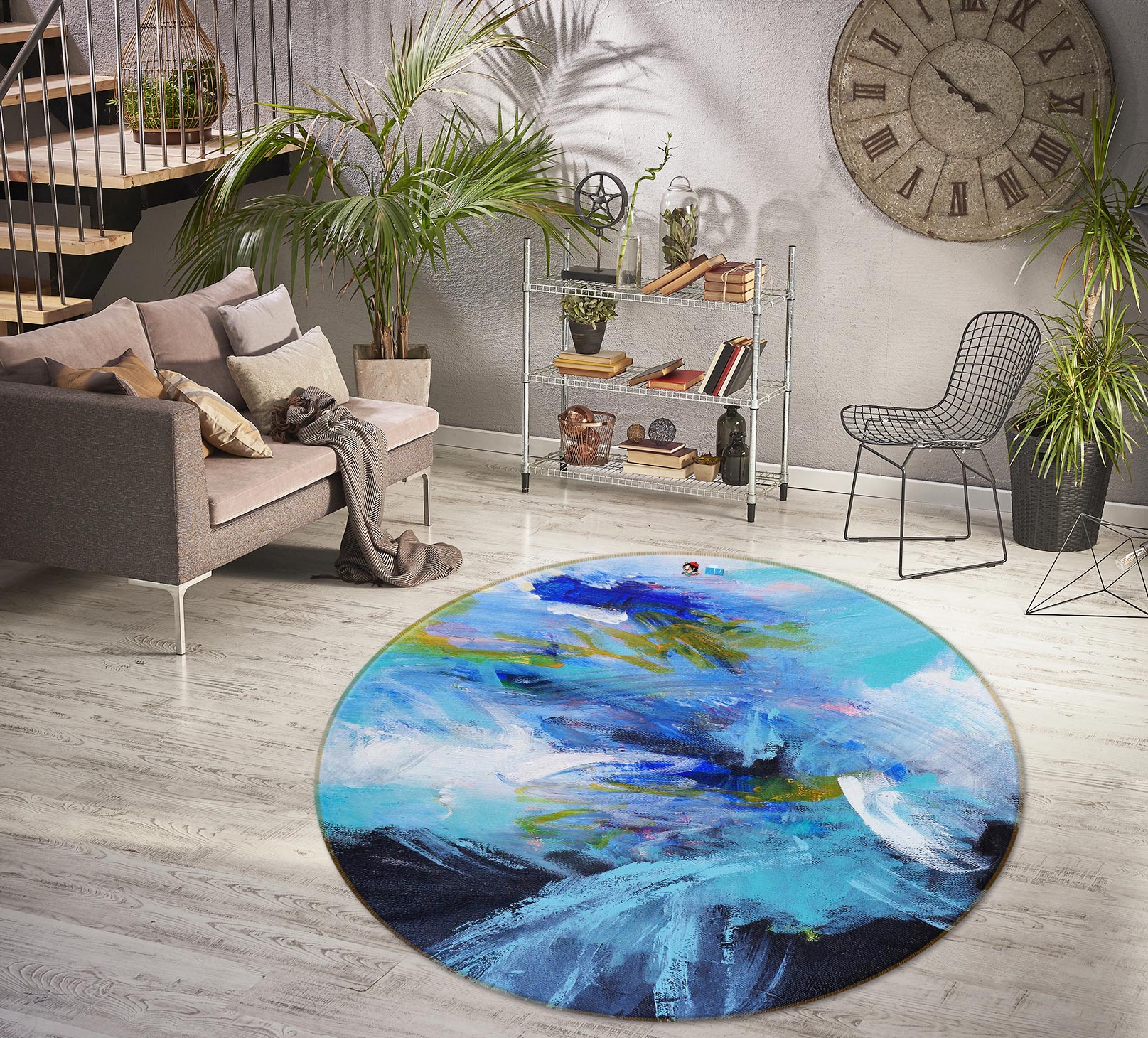 3D Blue Paint 1314 Misako Chida Rug Round Non Slip Rug Mat