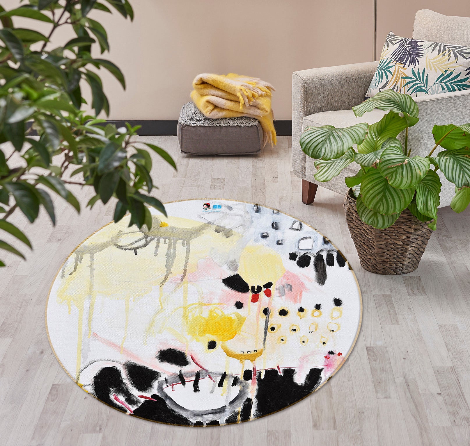 3D Black Watercolor 1394 Misako Chida Rug Round Non Slip Rug Mat