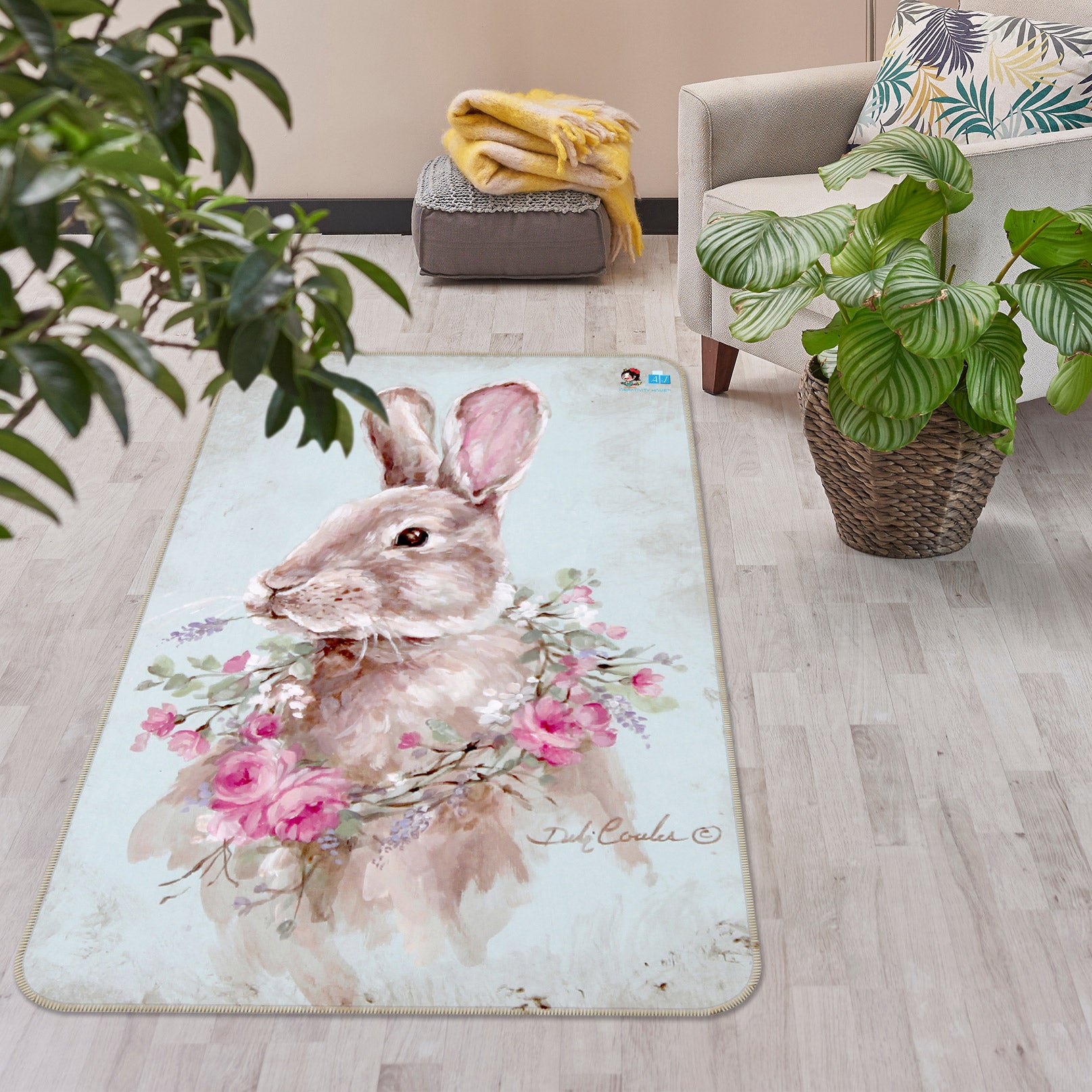 3D Wreath Bunny 1038 Debi Coules Rug Non Slip Rug Mat