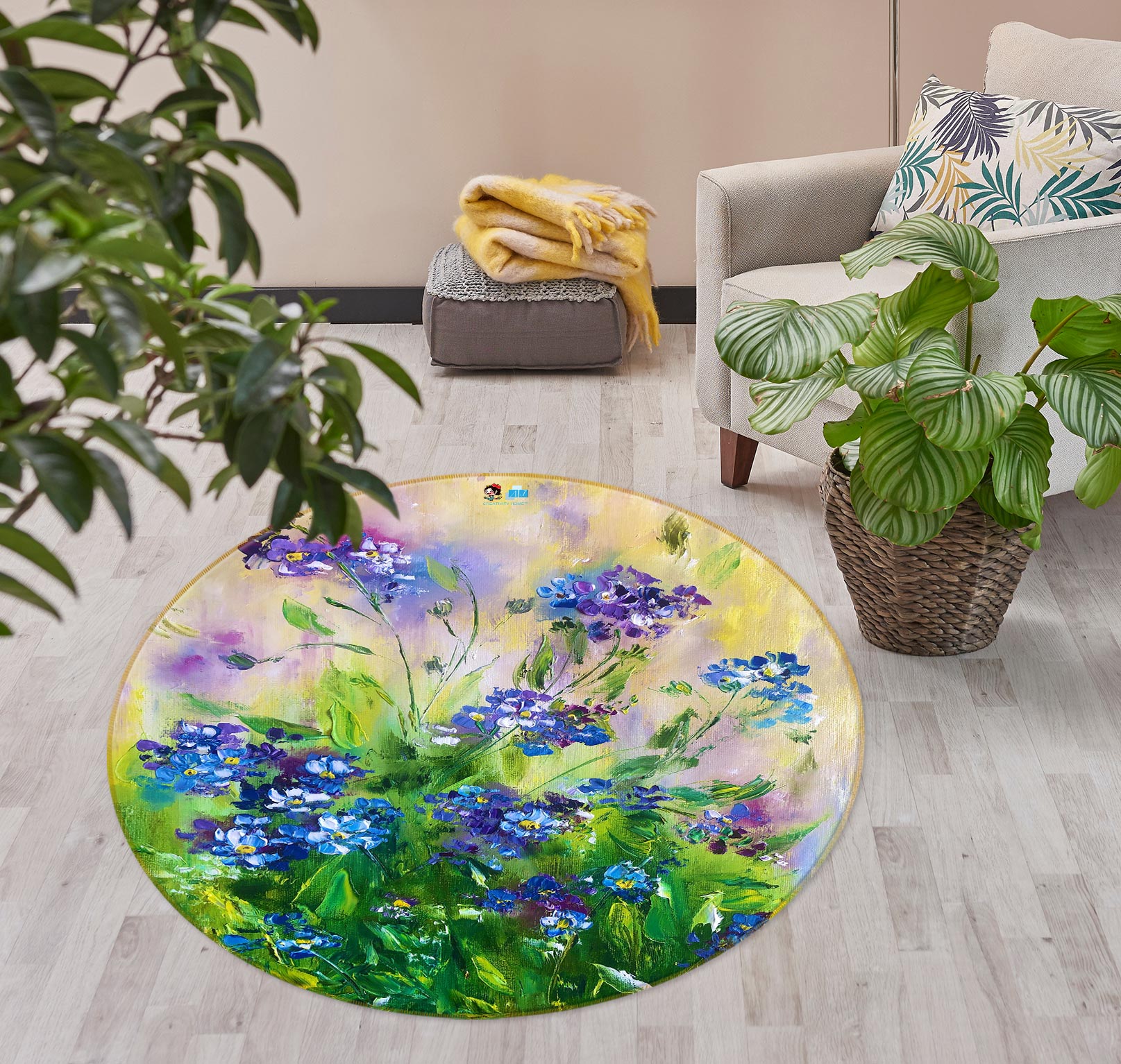 3D Blue Wildflowers 765 Skromova Marina Rug Round Non Slip Rug Mat