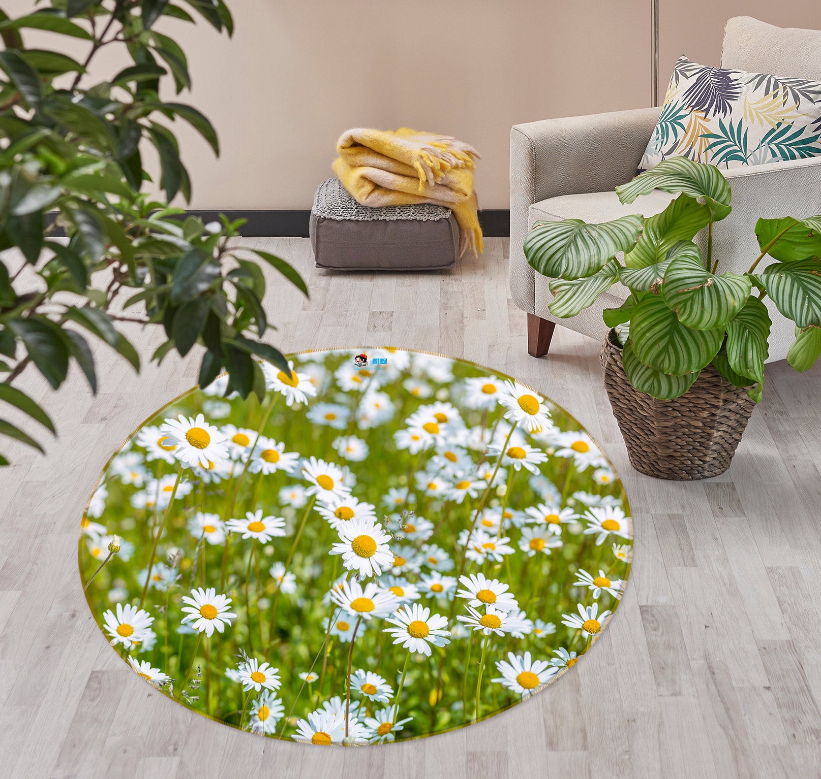 3D White Daisy 7562 Assaf Frank Rug Round Non Slip Rug Mat