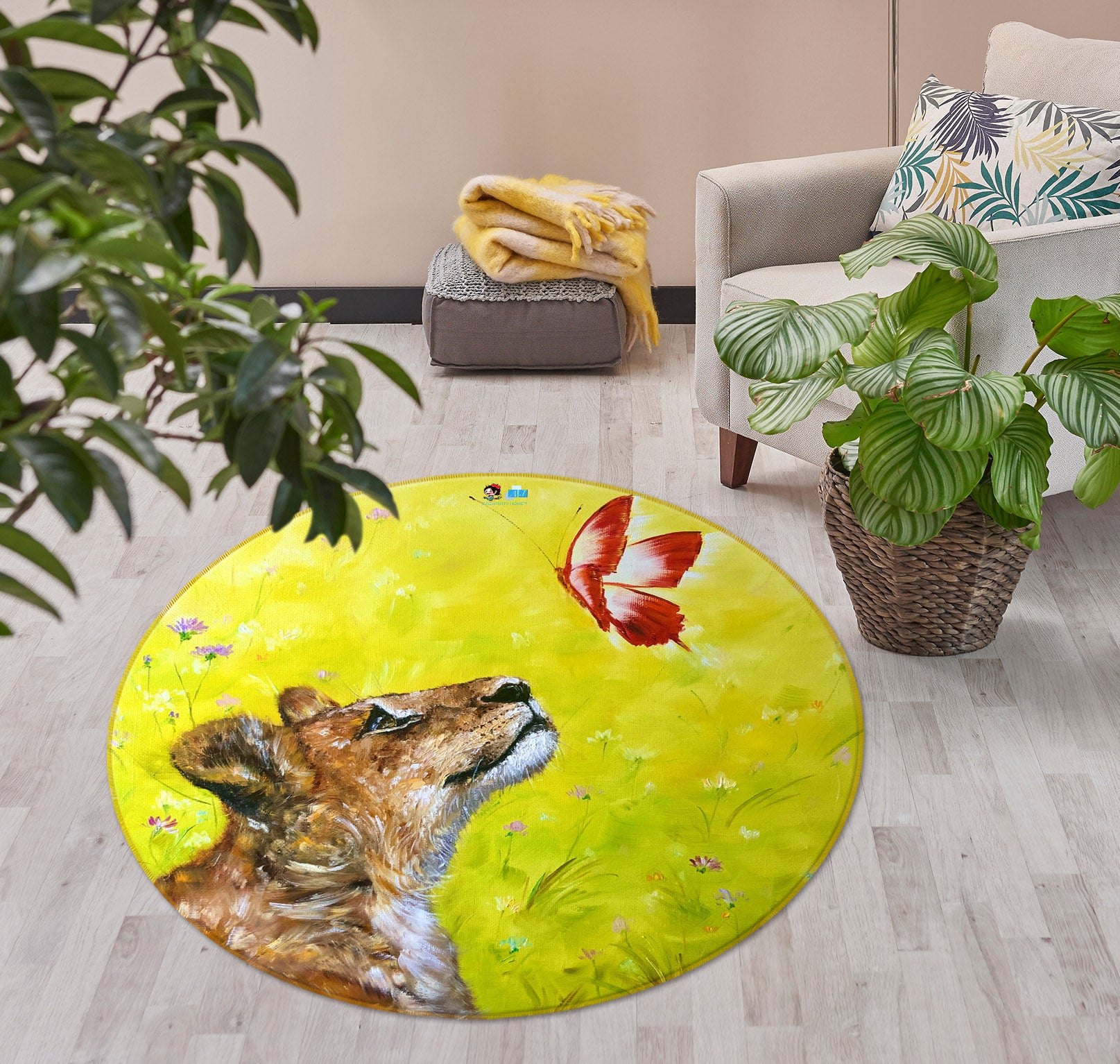 3D Lion Butterfly 877 Skromova Marina Rug Round Non Slip Rug Mat