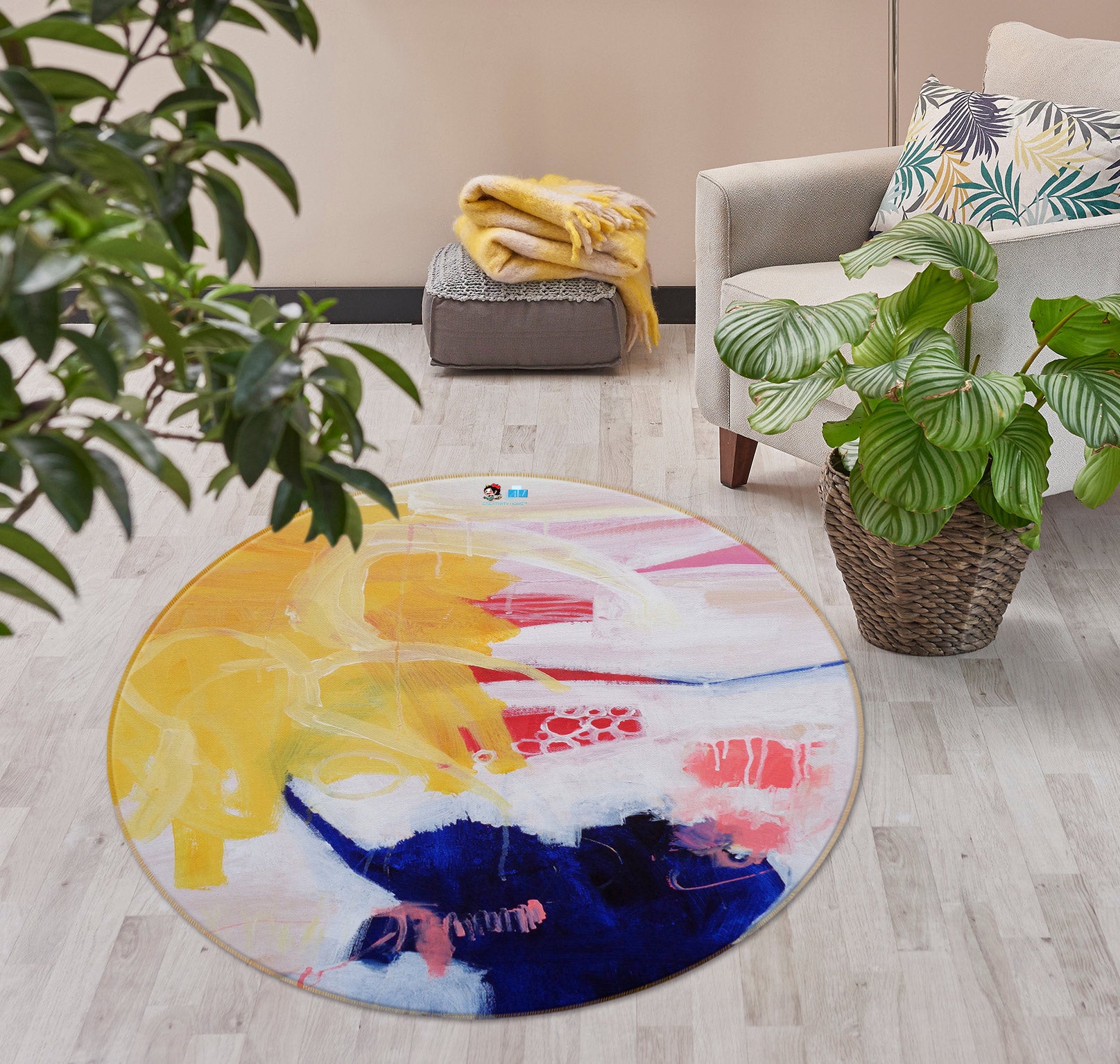 3D Yellow Watercolor 1415 Misako Chida Rug Round Non Slip Rug Mat