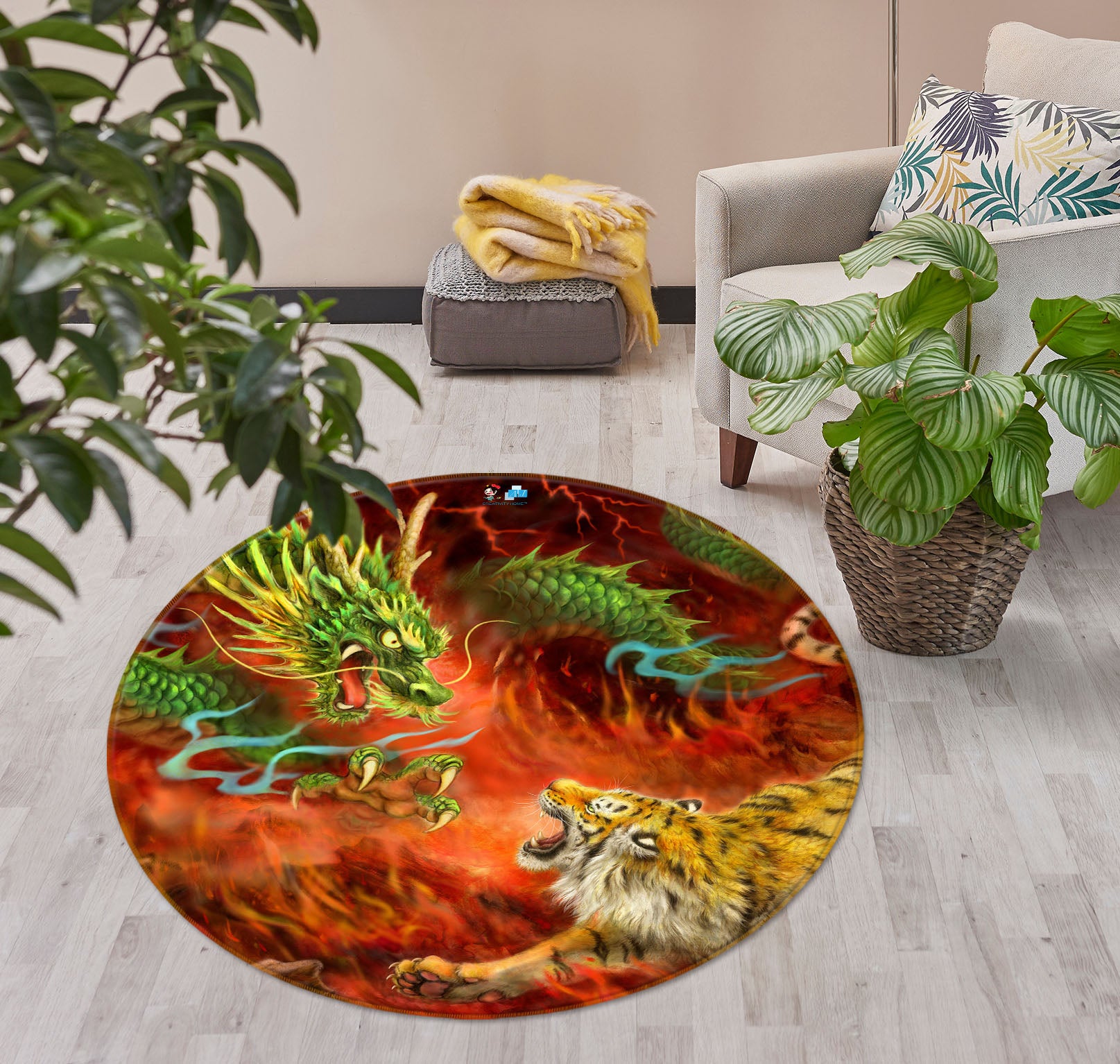 3D Green Dragon Tiger 6026 Kayomi Harai Rug Round Non Slip Rug Mat