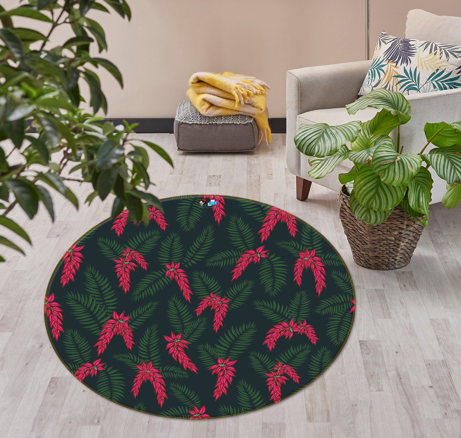 3D Red Flower Vine Leaves 10534 Kashmira Jayaprakash Rug Round Non Slip Rug Mat