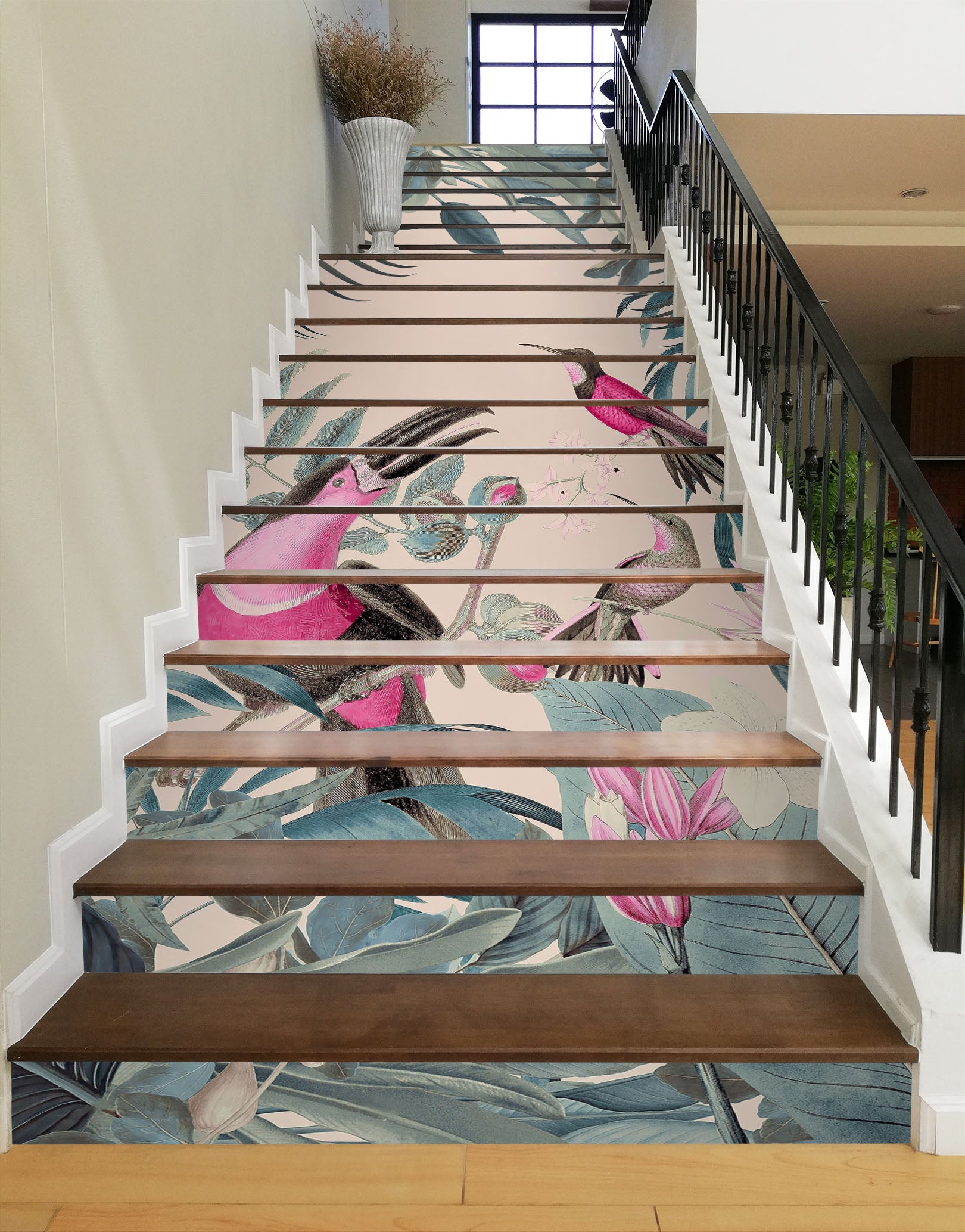 3D Pink Bird Stork Leaves 109186 Andrea Haase Stair Risers