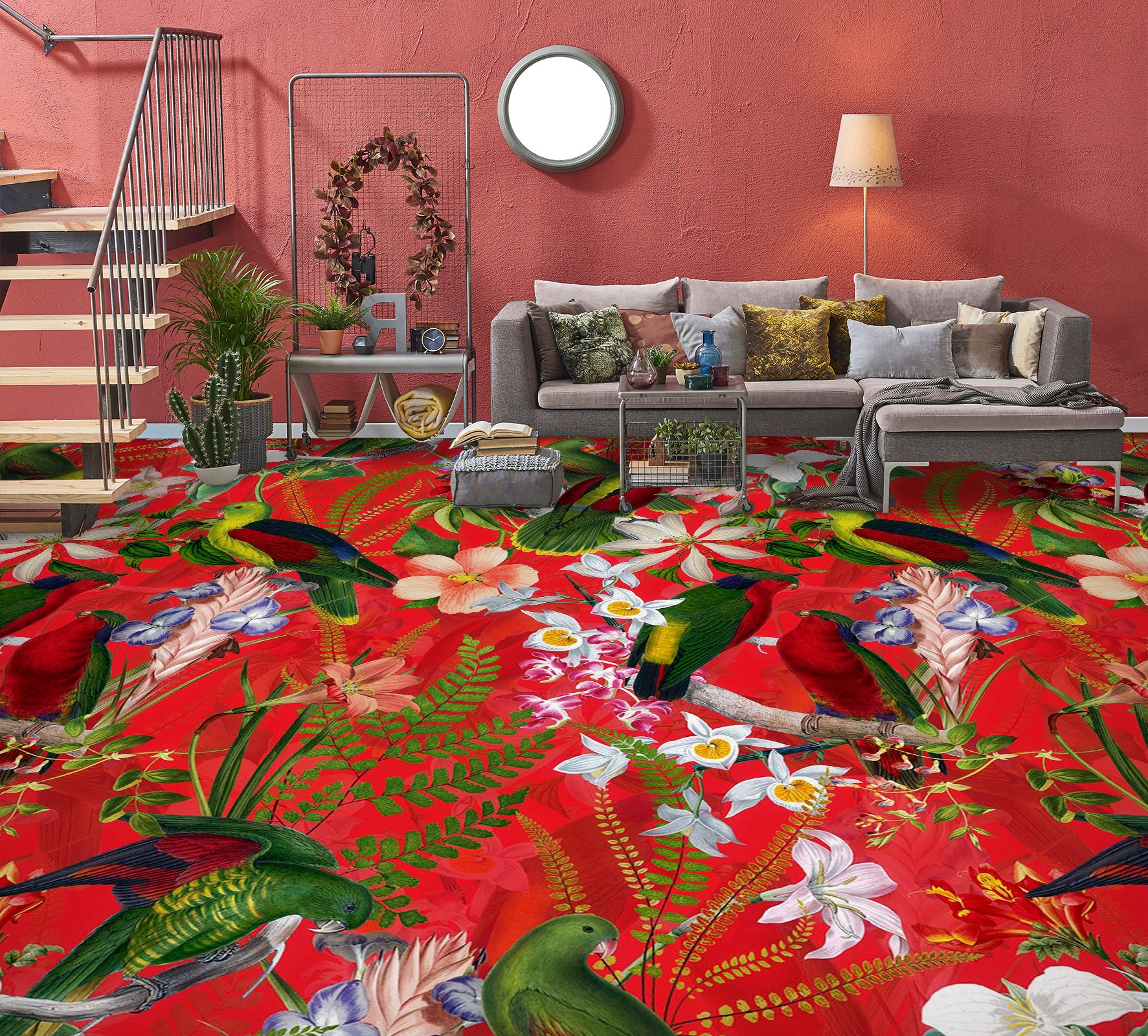 3D Red Flower Colorful Bird 99200 Uta Naumann Floor Mural