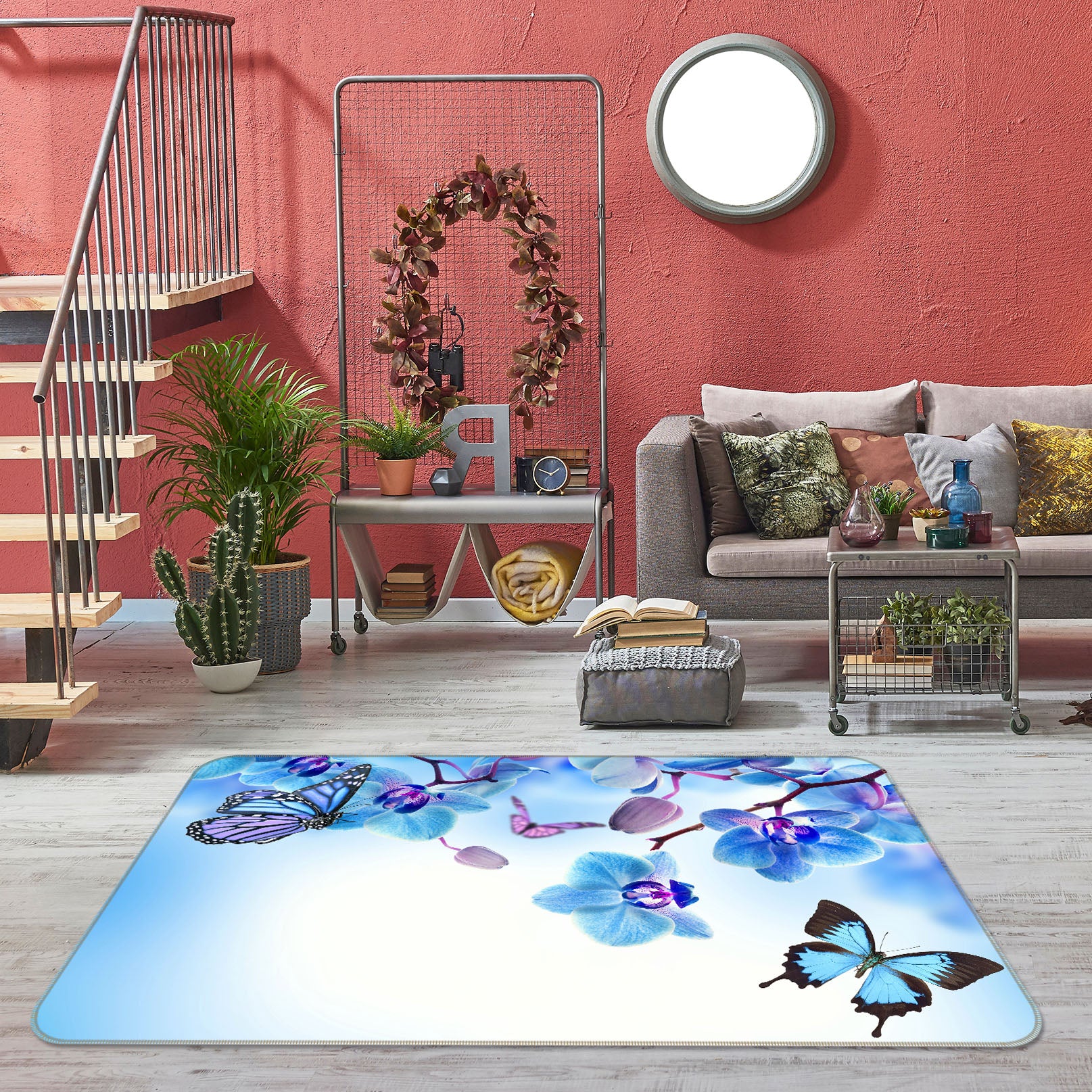 3D Blue Flower Butterfly 68182 Animal Non Slip Rug Mat