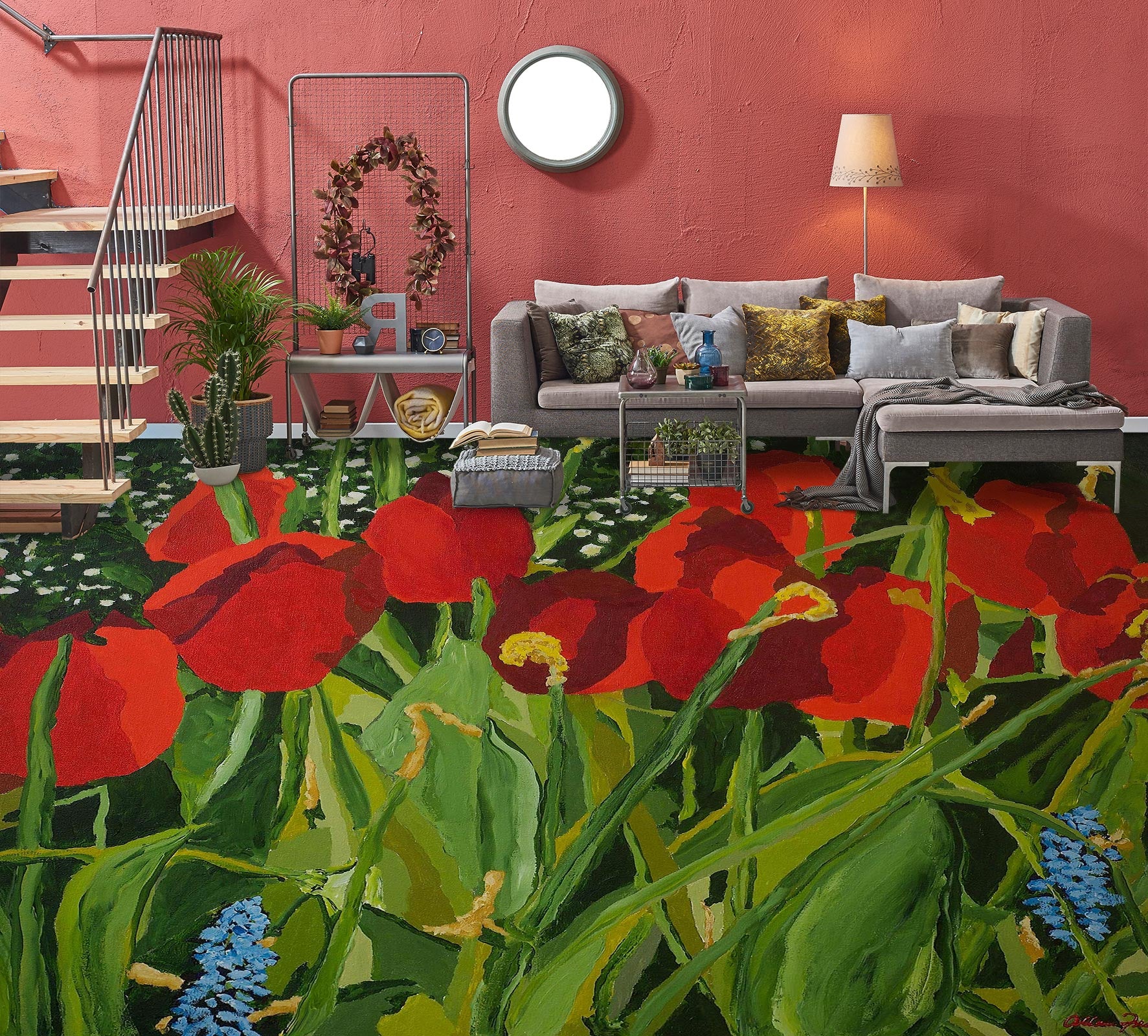 3D Red Flowers 9564 Allan P. Friedlander Floor Mural