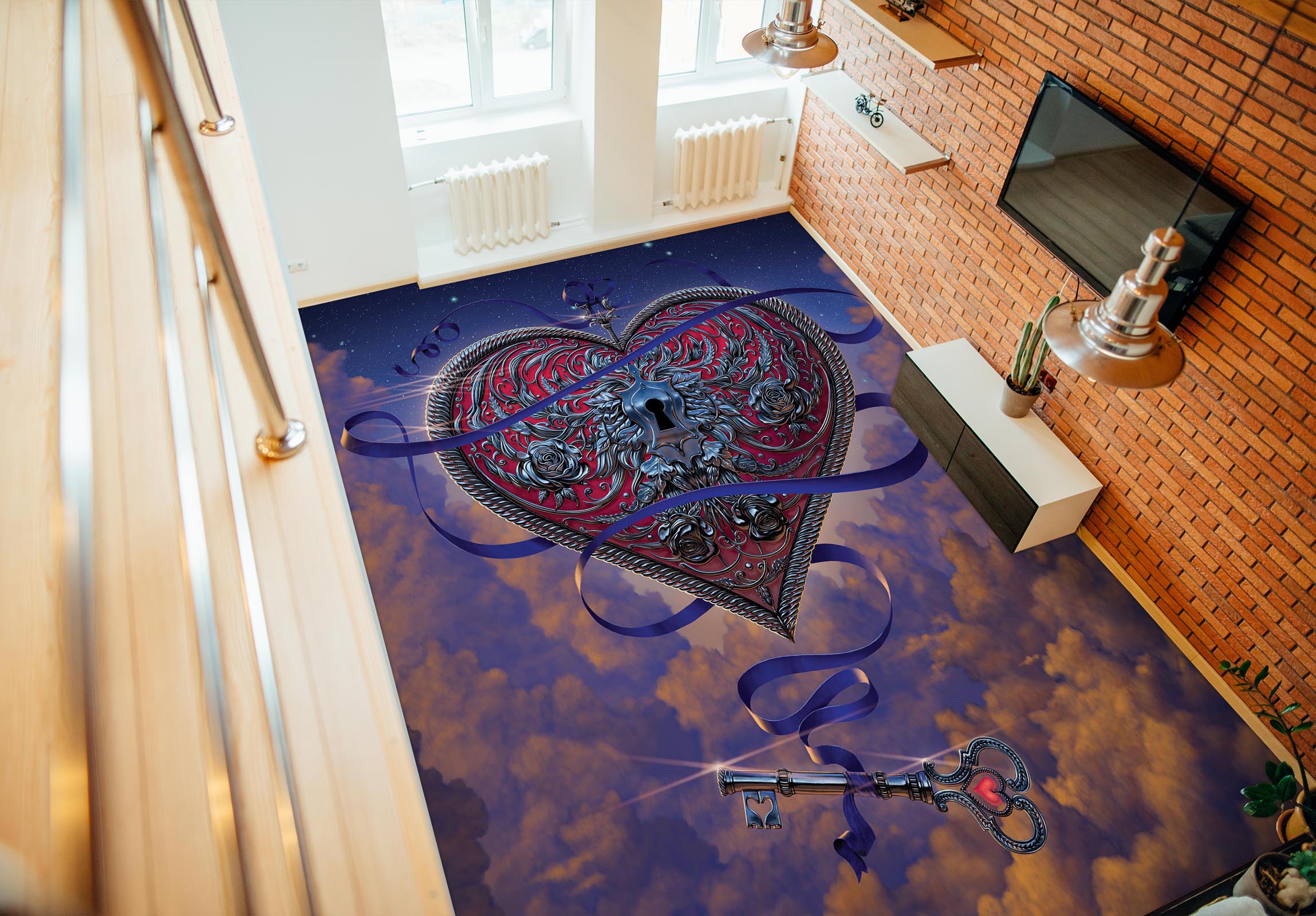 3D Heart Lock Key 98182 Vincent Floor Mural