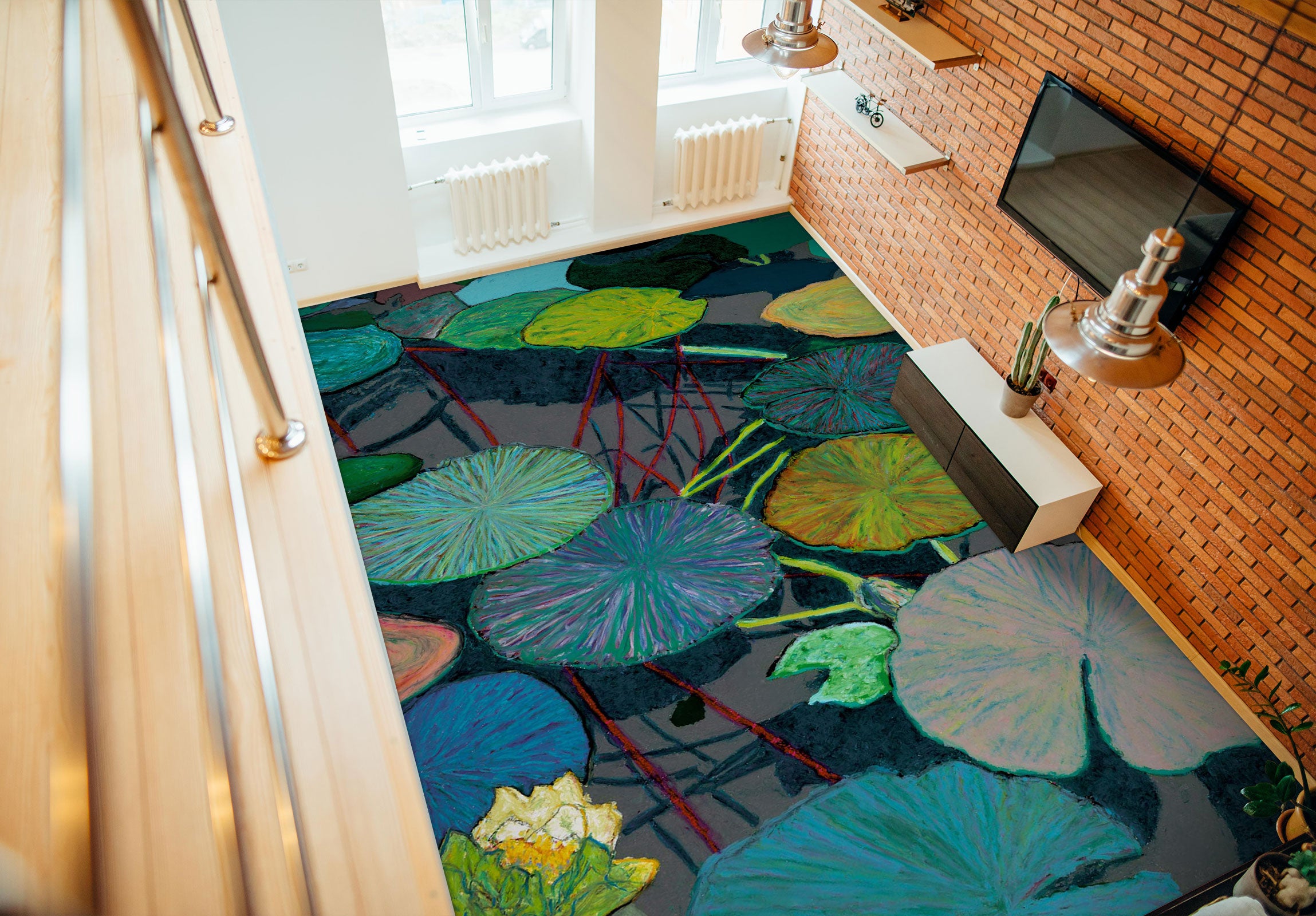 3D Green Lotus Leaf Pattern 96102 Allan P. Friedlander Floor Mural