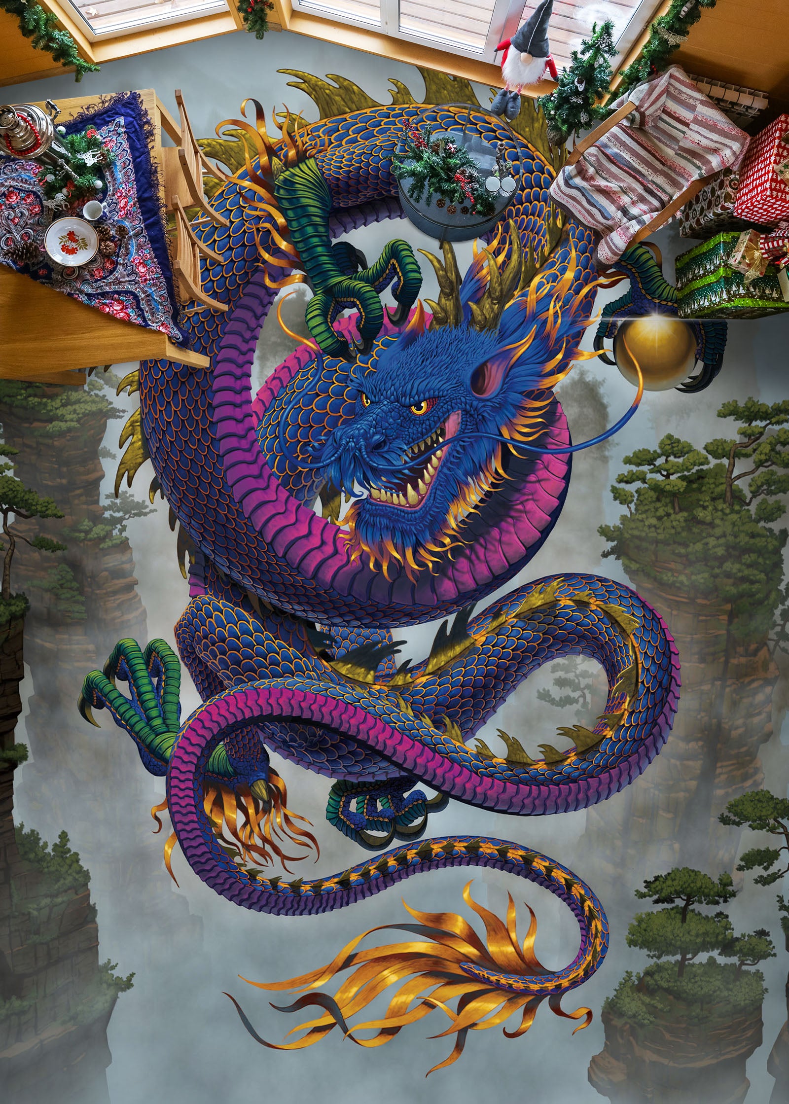 3D Purple Blue Dragon 98181 Vincent Floor Mural