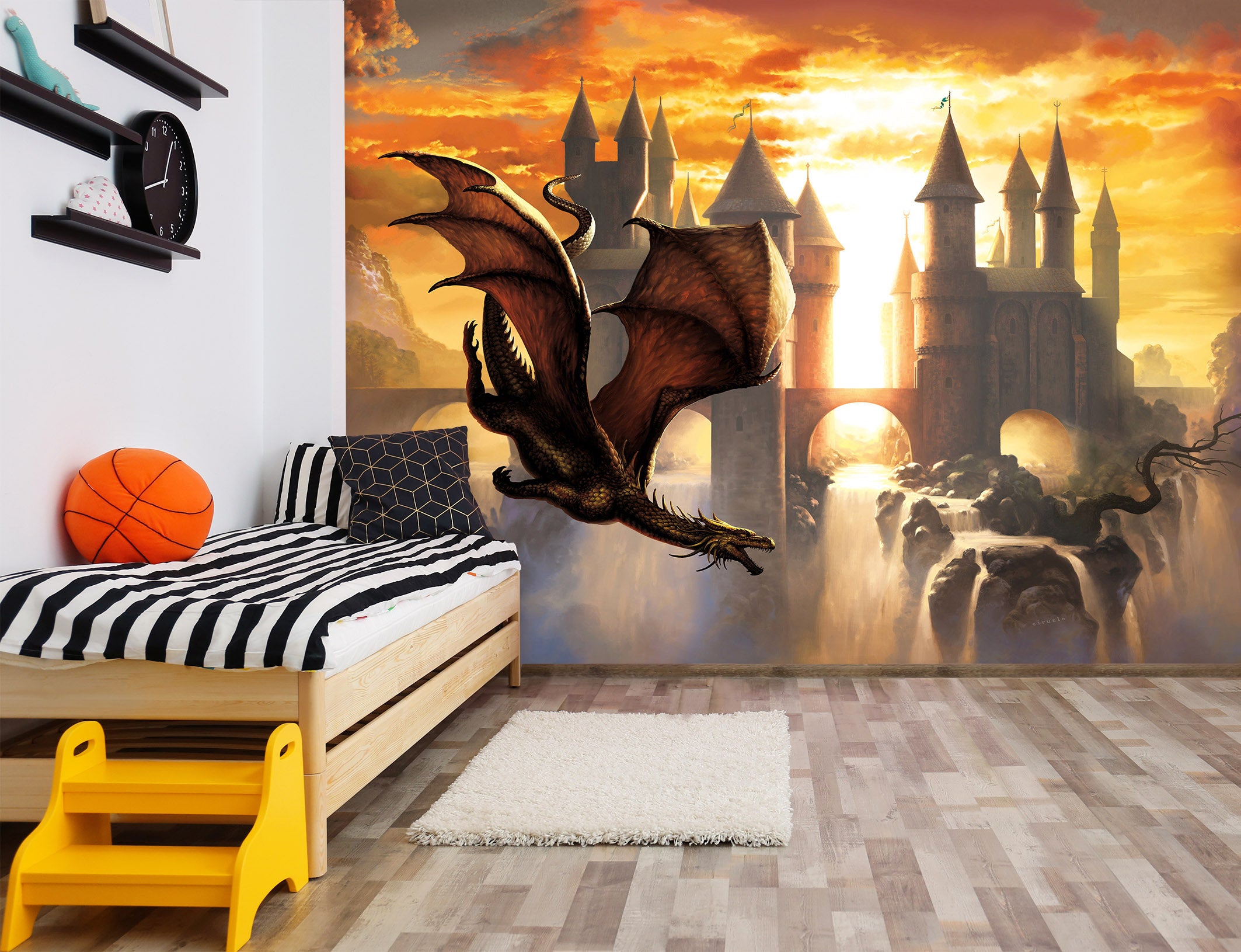 3D Sunset Castle Dragon 7056 Ciruelo Wall Mural Wall Murals