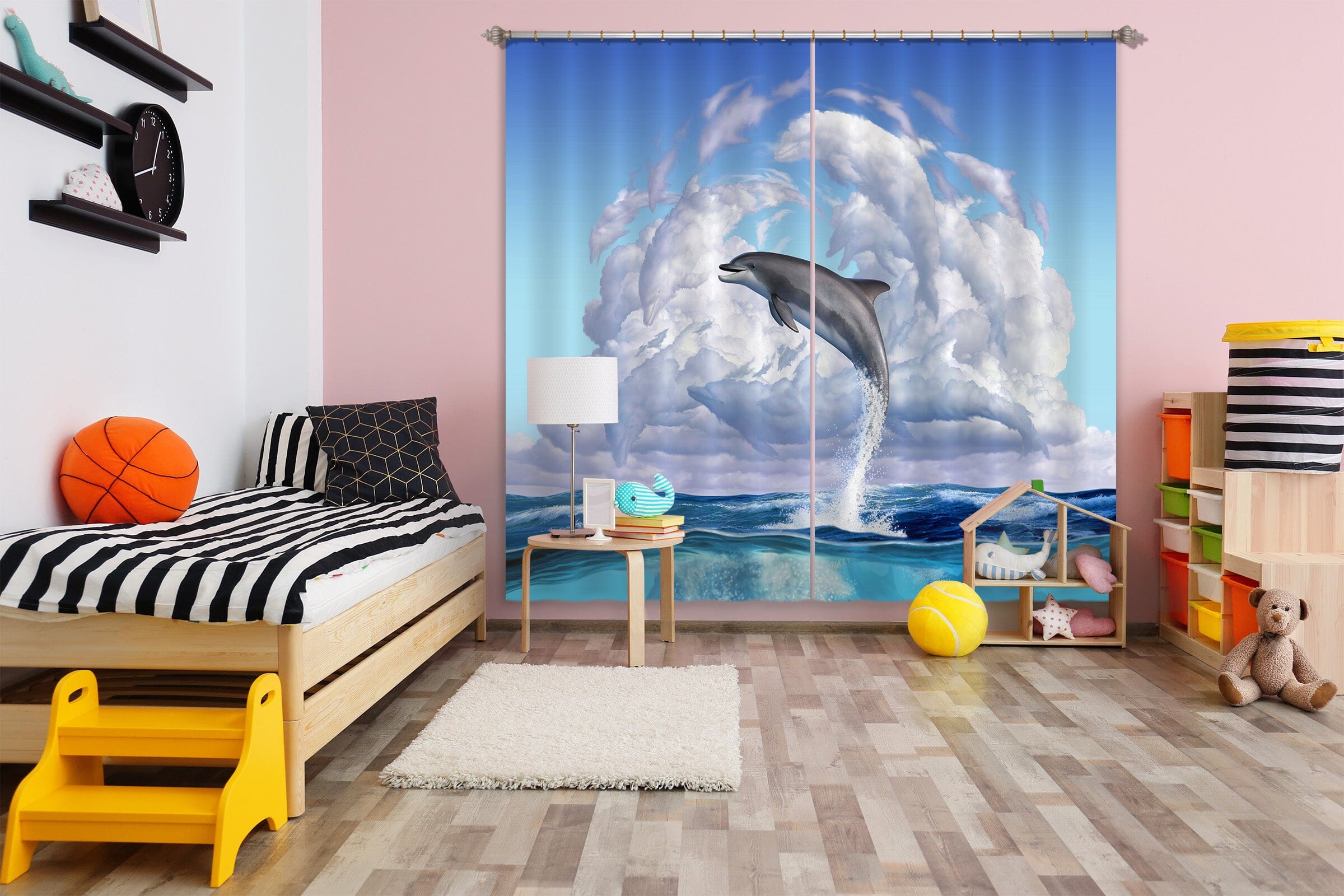 3D Dolphin Play 061 Jerry LoFaro Curtain Curtains Drapes Curtains AJ Creativity Home 