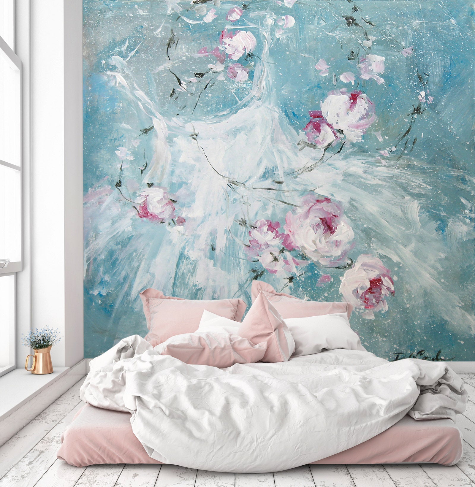 3D Rose White Gauze Dress 3113 Debi Coules Wall Mural Wall Murals