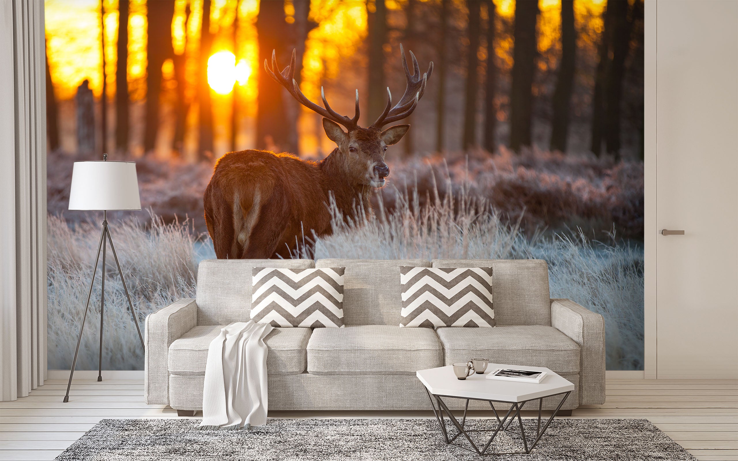 3D Sunset Forest Deer 386 Wall Murals