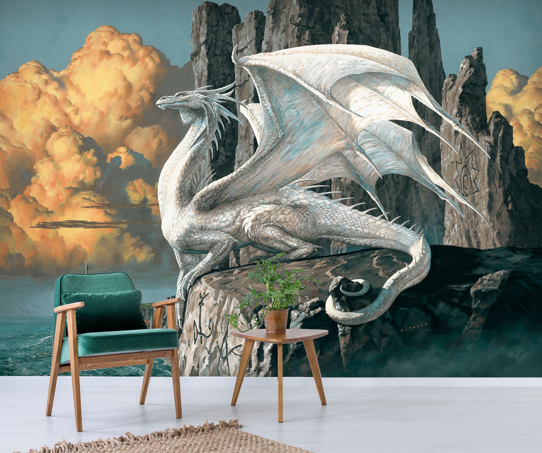 3D White Dragon Cloud Stone 7055 Ciruelo Wall Mural Wall Murals