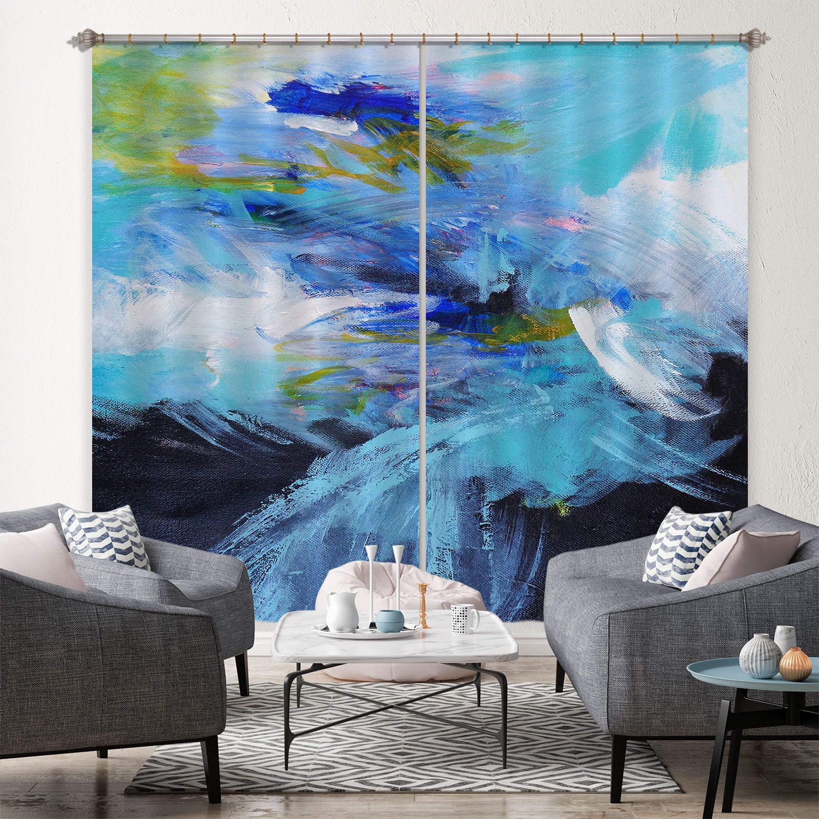 3D Blue Watercolor 2314 Misako Chida Curtain Curtains Drapes