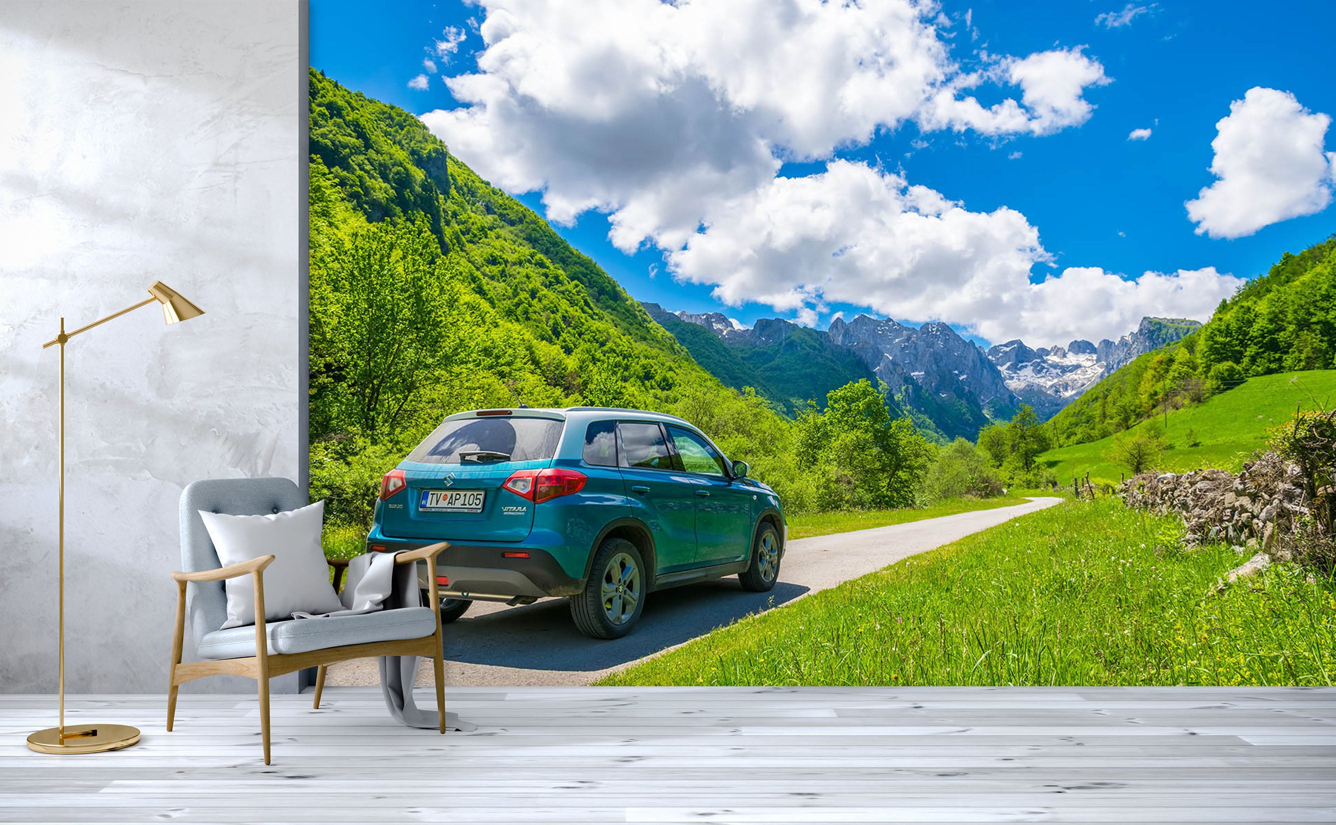 3D Green Landscape Car 360 Vehicle Wall Murals