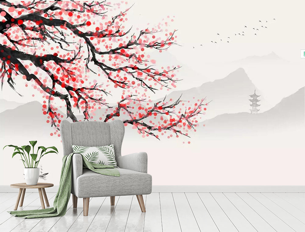 3D Temple Red Plum WC795 Wall Murals