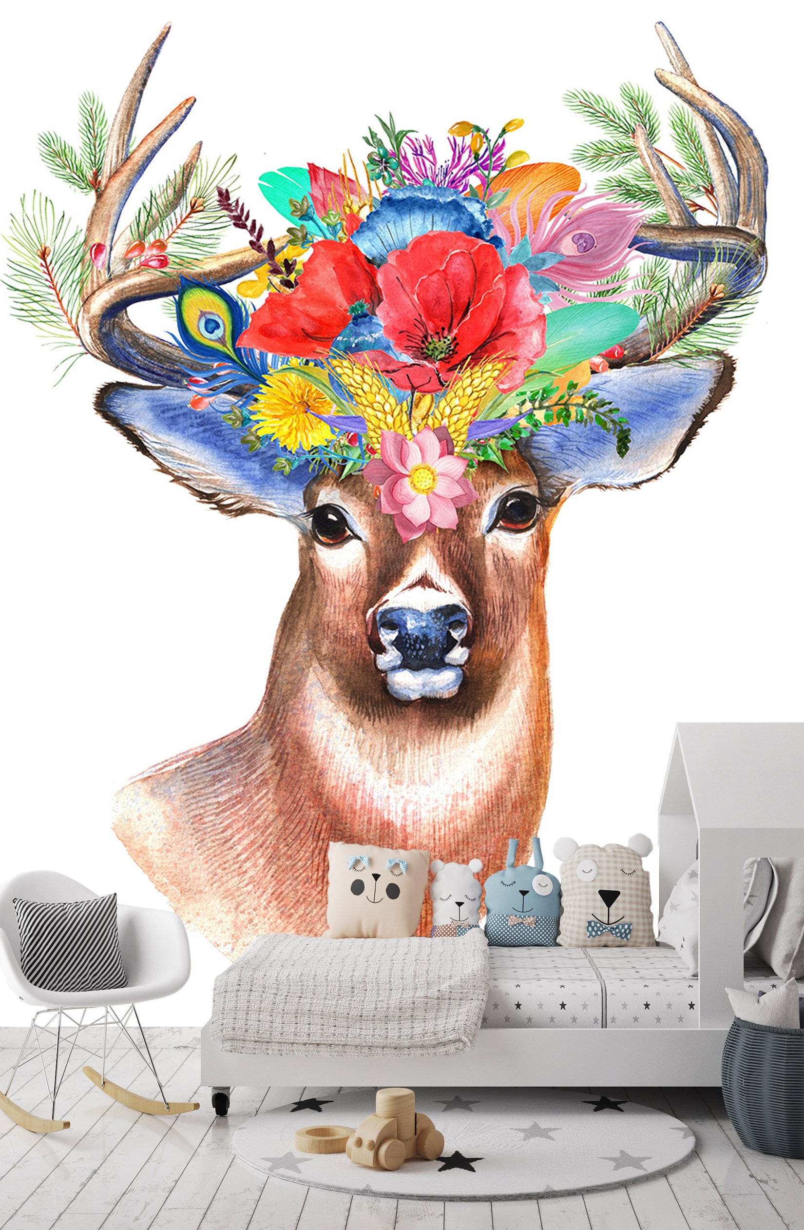 3D Deer Flower 122 Wall Murals