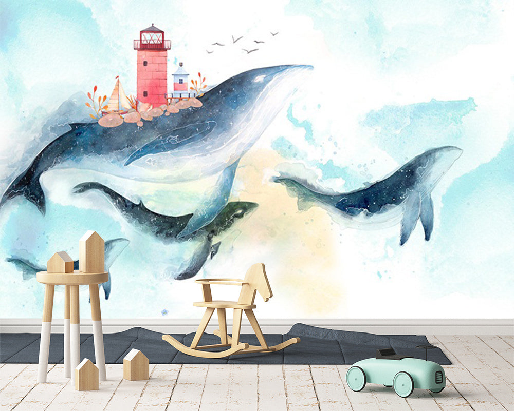 3D Whale Lighthouse WC553 Wall Murals