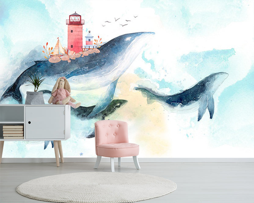 3D Whale Lighthouse WC553 Wall Murals