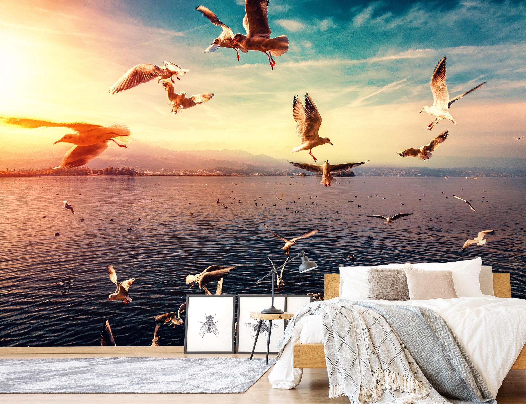 3D Sunset Seagull 401 Wall Murals