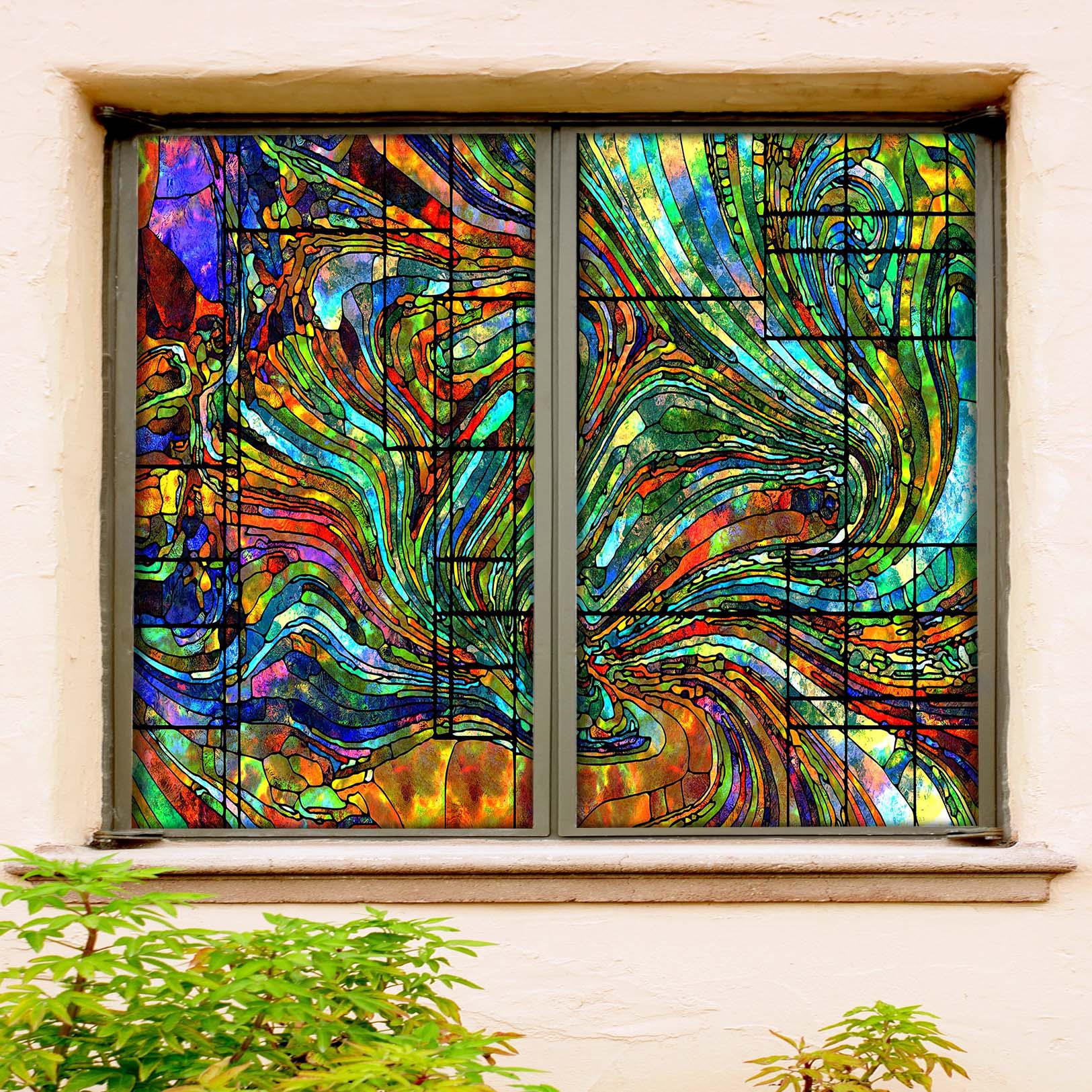 3D Green Turbulence 043 Window Film Print Sticker Cling Stained Glass UV Block