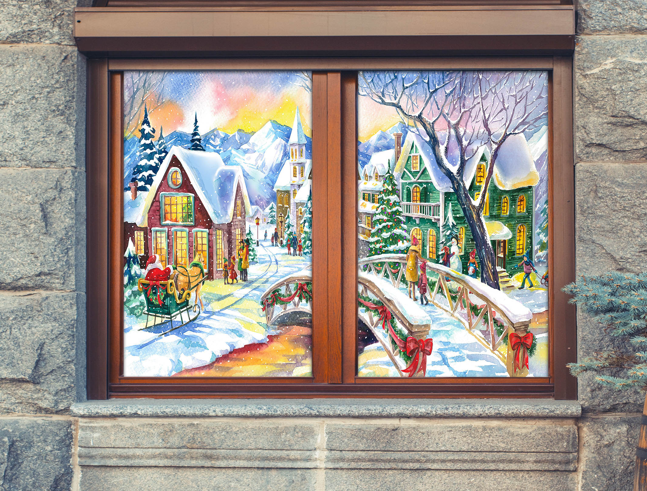 3D Snowy Town 43036 Christmas Window Film Print Sticker Cling Stained Glass Xmas