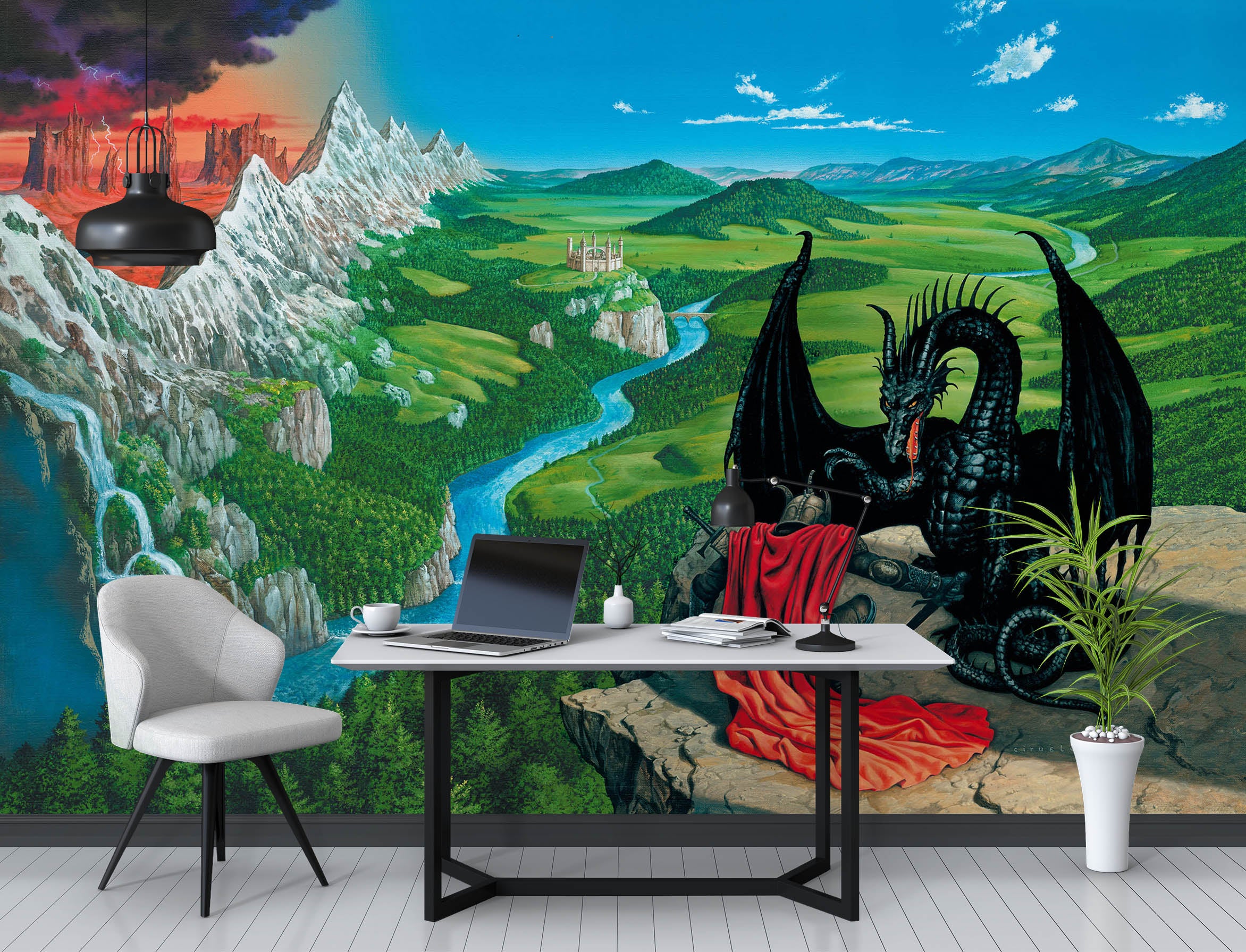 3D Meadow River Dragon 7050 Ciruelo Wall Mural Wall Murals